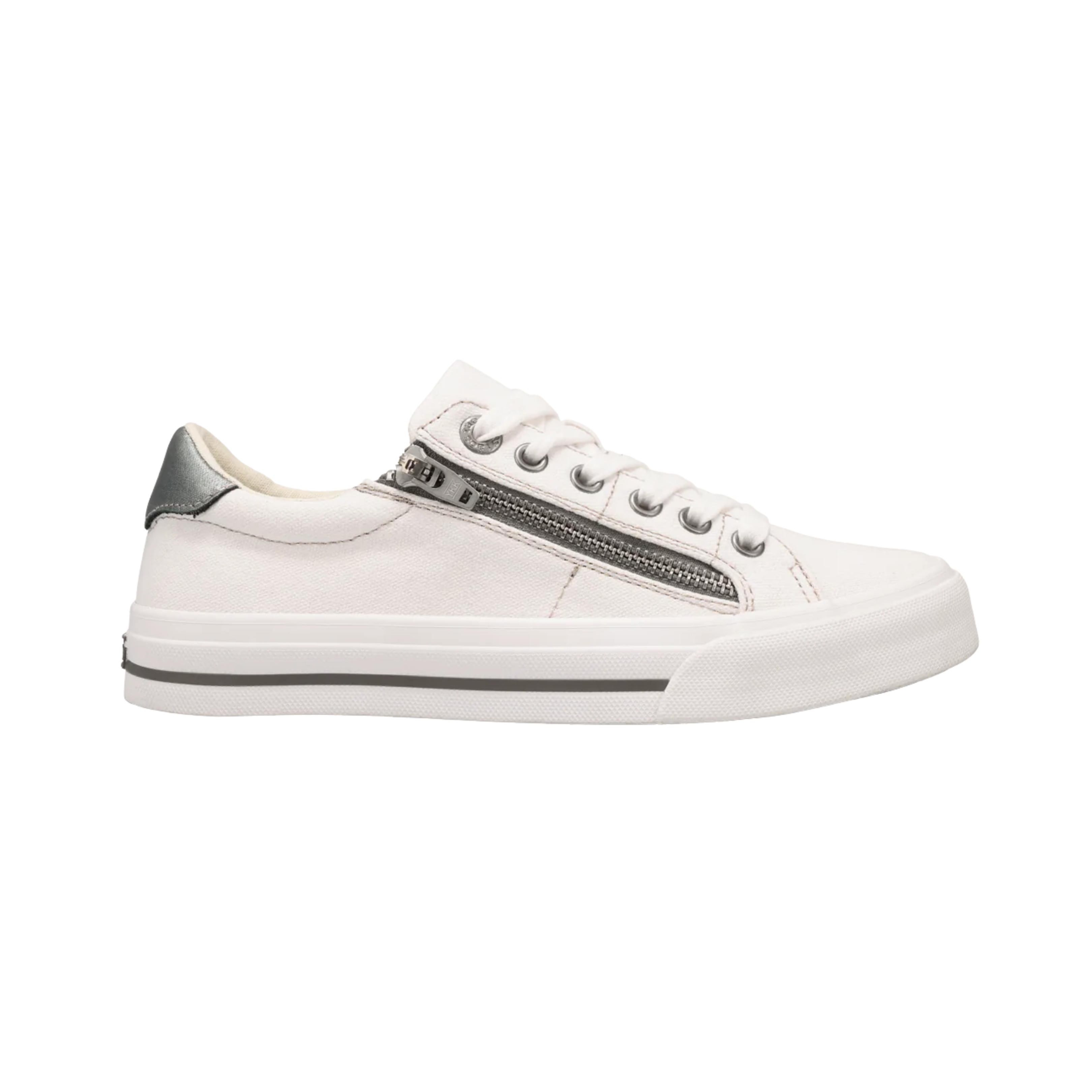 Side View of Women's Taos Z Soul in White Pewter – Featuring a slip-on design with elastic side panels for a secure and comfortable fit.