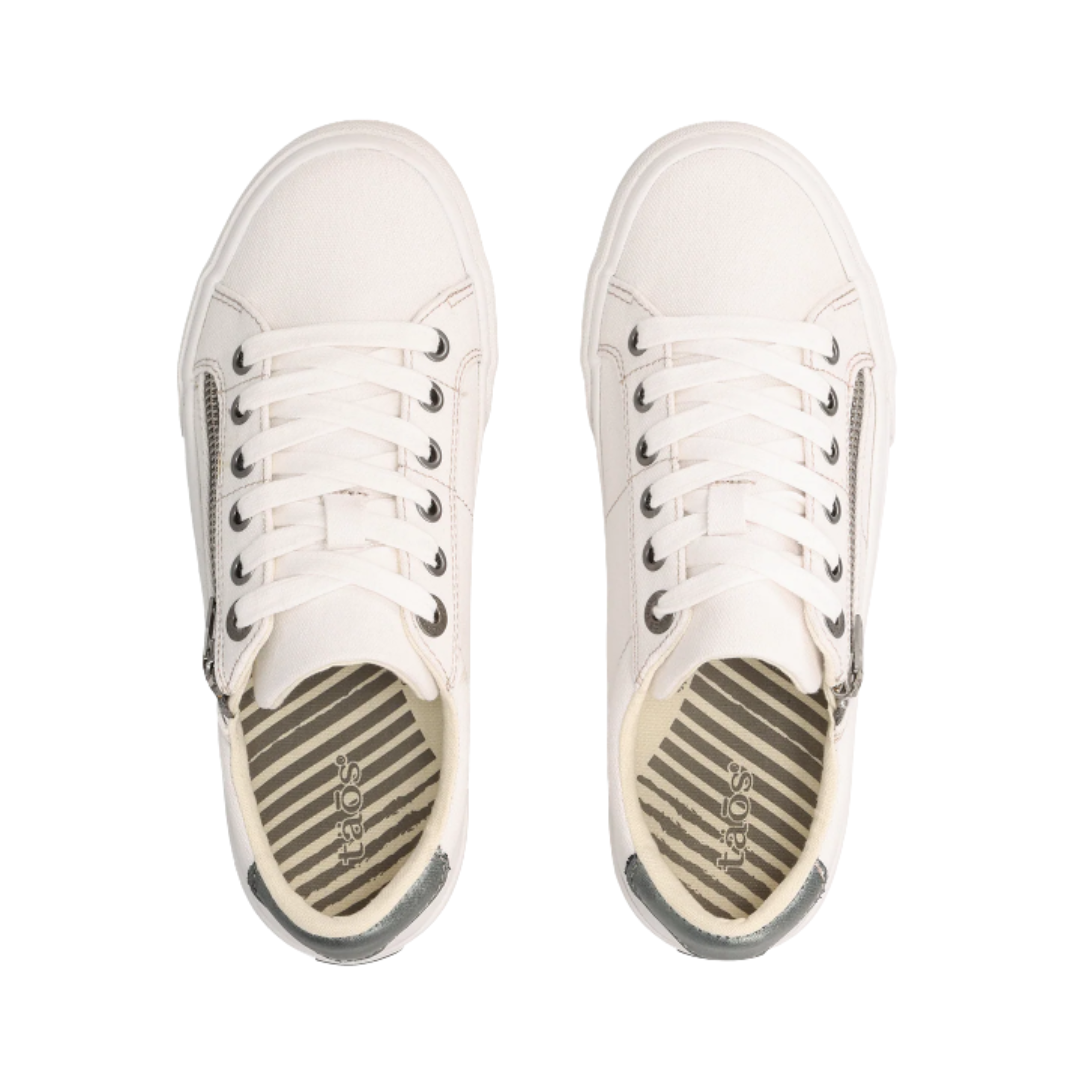 Top View of Women’s Taos Z Soul Shoe in White Pewter – featuring a soft leather and textile upper, cushioned removable footbed with arch support, and dual zipper and lace-up design for convenient wear.