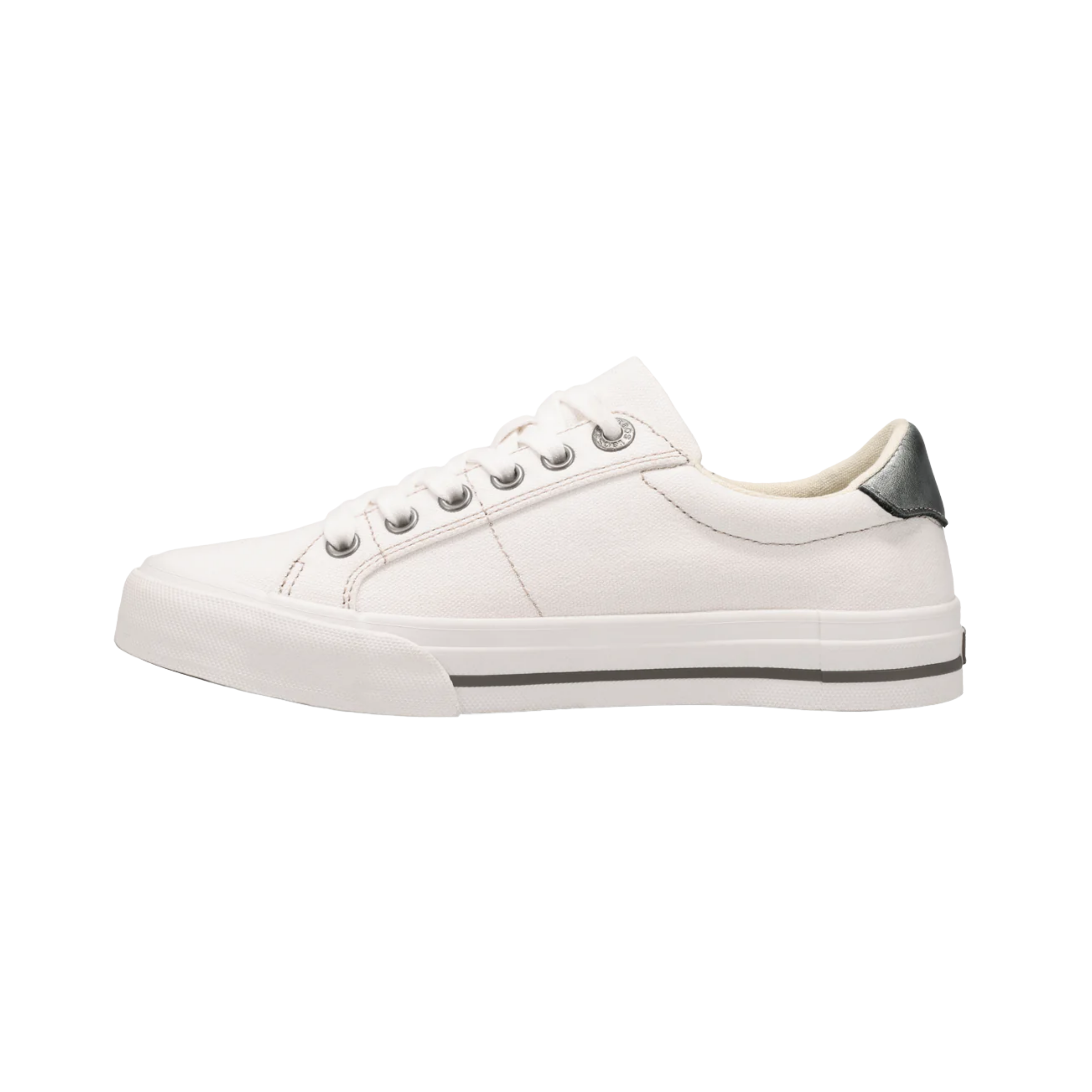 Side View of Women's Taos Z Soul in White Pewter – Featuring a slip-on design with elastic side panels, ensuring a secure, flexible fit. The shoe’s minimalist silhouette adds versatility for everyday wear, making it perfect for casual outings or light activities.