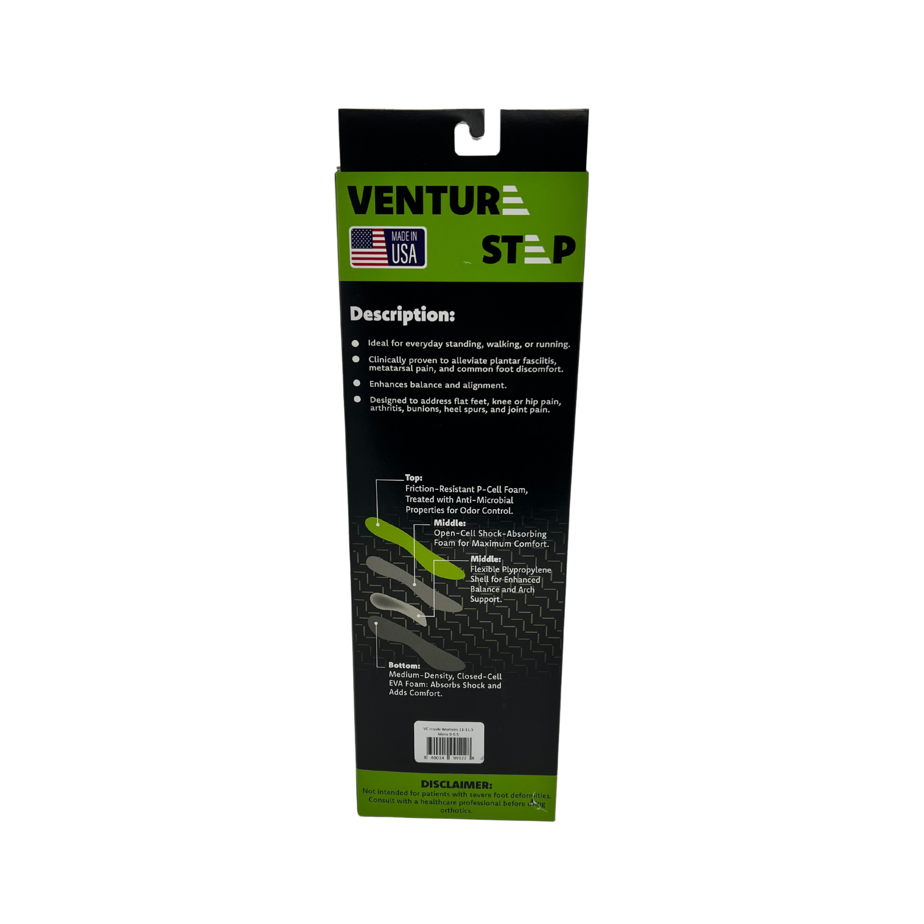 Front view of VentureStep Venture Comfort insoles packaging – featuring the branded box with product name, logo, sizing information, and a clear window showing the insole design.