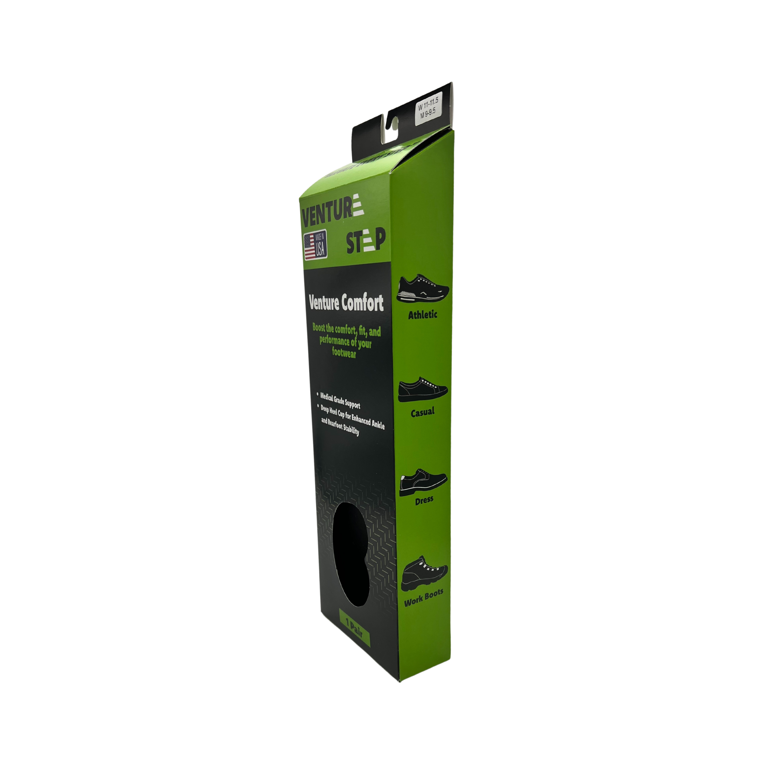 Side view of VentureStep Venture Comfort insoles packaging – showing the box panel with key features listed, vertical branding, and sizing chart or care instructions.