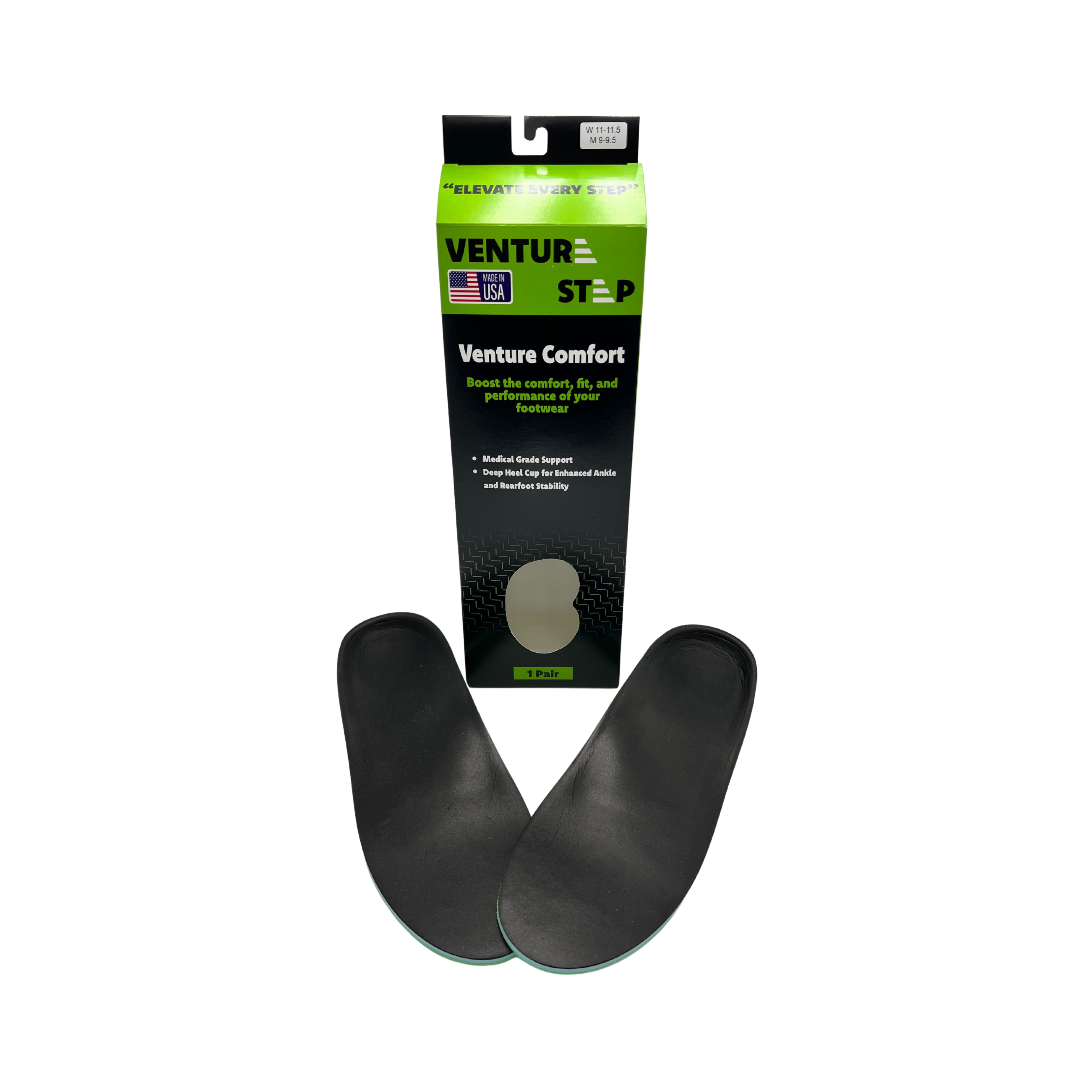 Packaged view of VentureStep Venture Comfort insoles with branded box – featuring product name, sizing information, and transparent window showing insole surface.