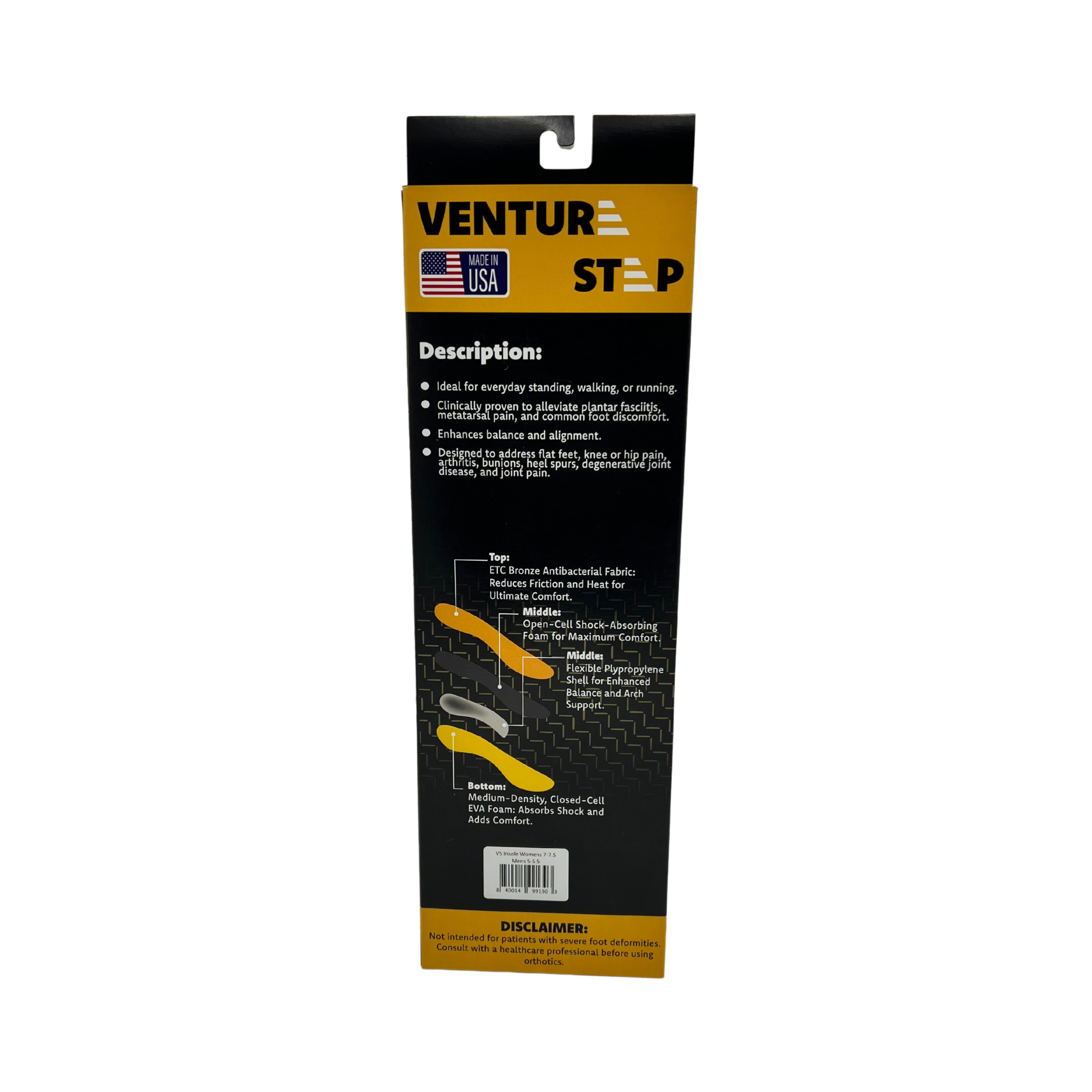 Front view of VentureStep Venture Sport insoles packaging – featuring the branded box with product logo, insole image, and labeled sizing information clearly displayed.