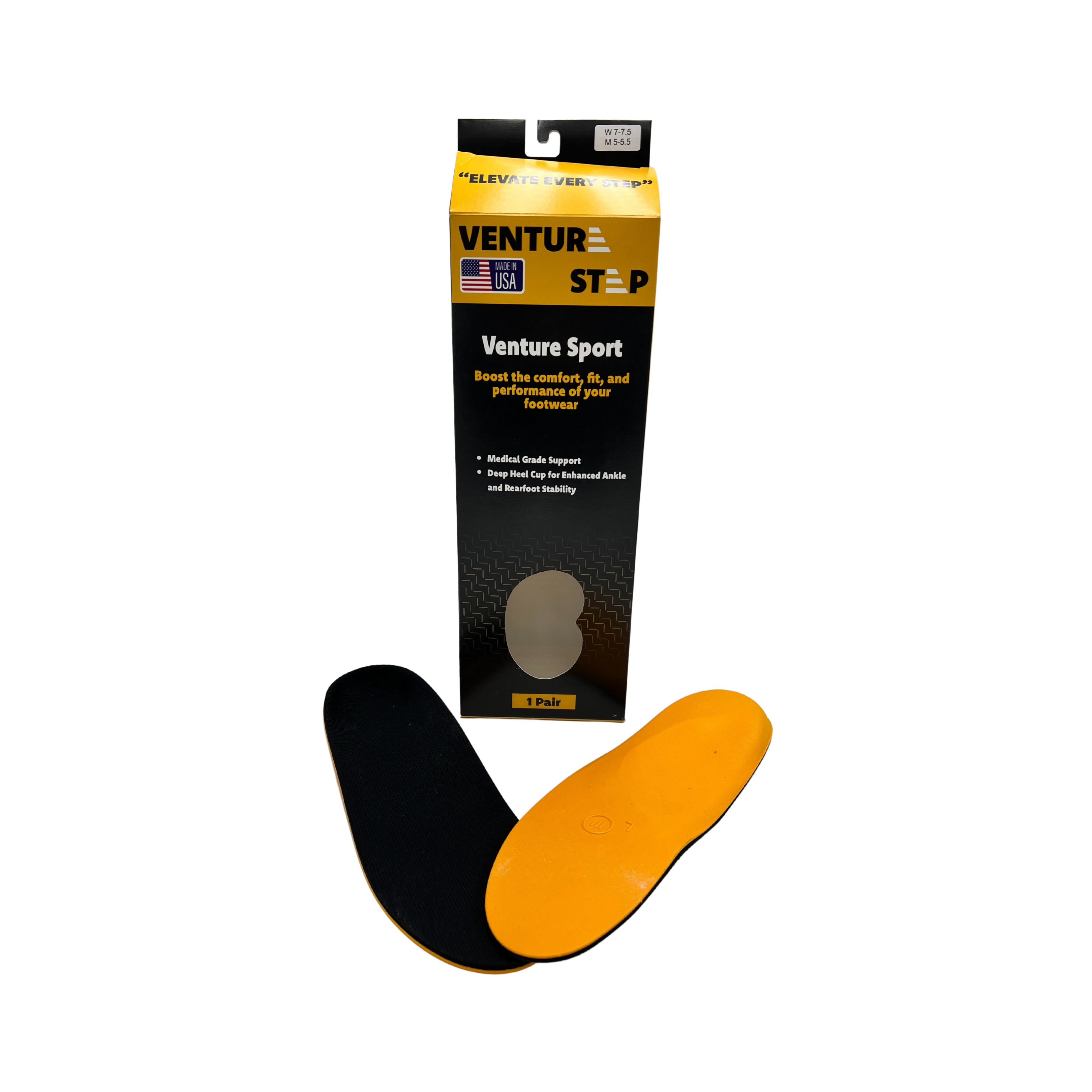 Packaged view of VentureStep Venture Sport insoles – shown with branded retail box featuring product labeling, size markings, and transparent window for insole visibility.
