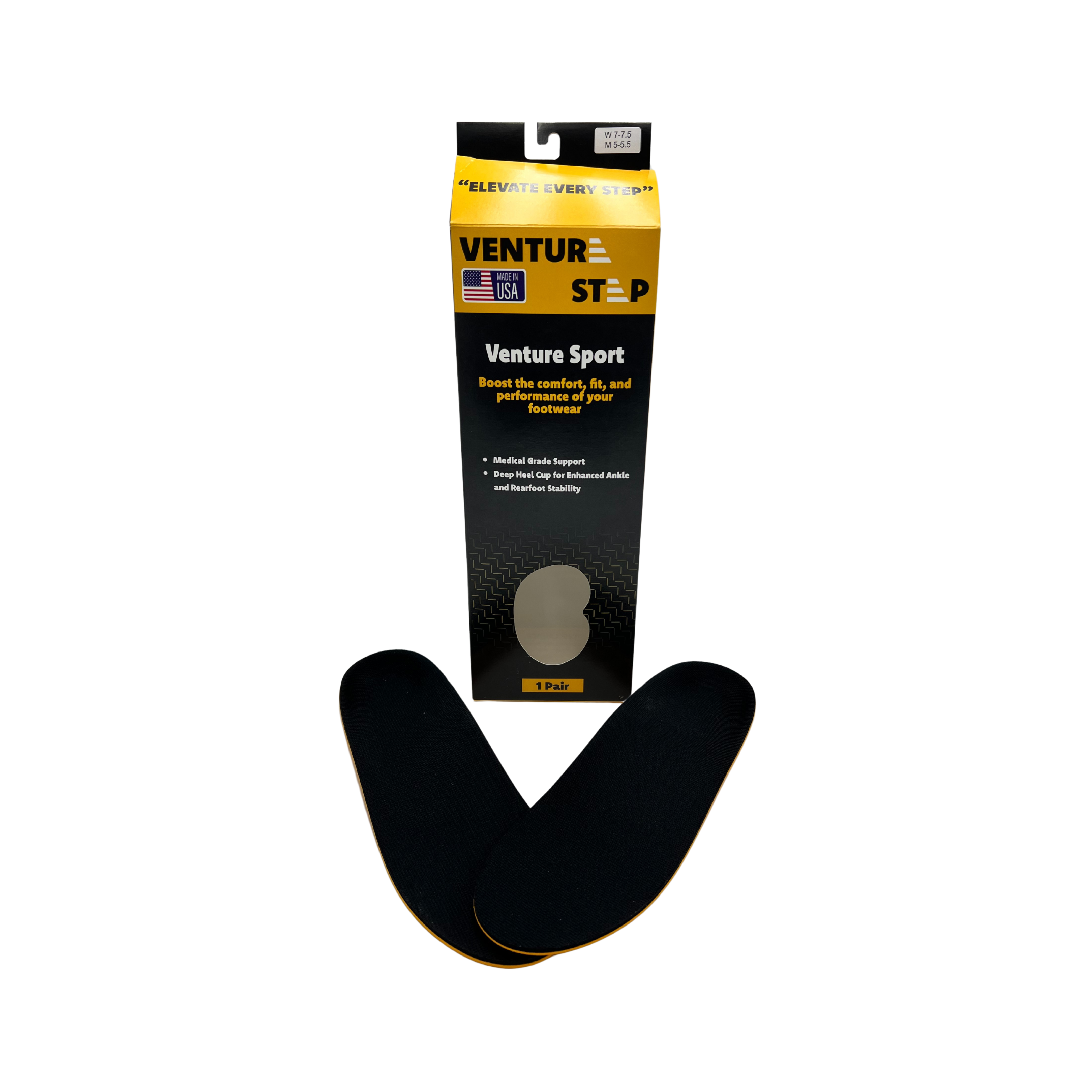 Packaged view of VentureStep Venture Sport insoles – shown with branded retail box featuring product labeling, size markings, and transparent window for insole visibility.