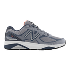 Side view of Women’s New Balance 1540v3 athletic shoe in navy, grey, and white – featuring stability support, cushioned midsole, leather and mesh upper, and durable outsole.