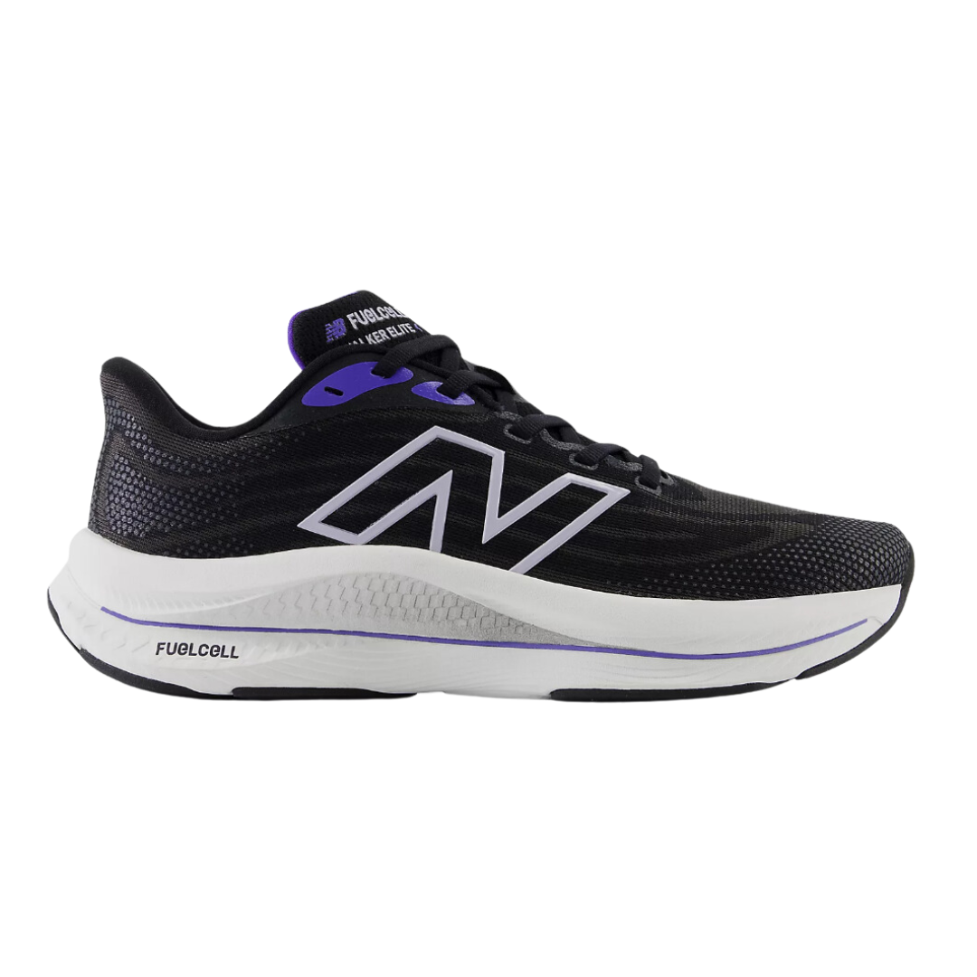 Side view of Women’s FuelCell Walker Elite athletic shoe in black, purple, and white – featuring a lightweight engineered mesh upper with breathable panels, FuelCell midsole technology for explosive energy return and cushioning, supportive heel counter for stability during movement, and a durable rubber outsole designed for traction and durability on diverse surfaces.