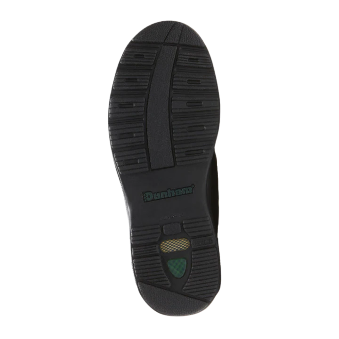 Bottom view of Men’s Winslow Hook & Loop Oxford in black – featuring a slip-resistant rubber outsole, patterned tread for traction, and shock-absorbing heel zone.