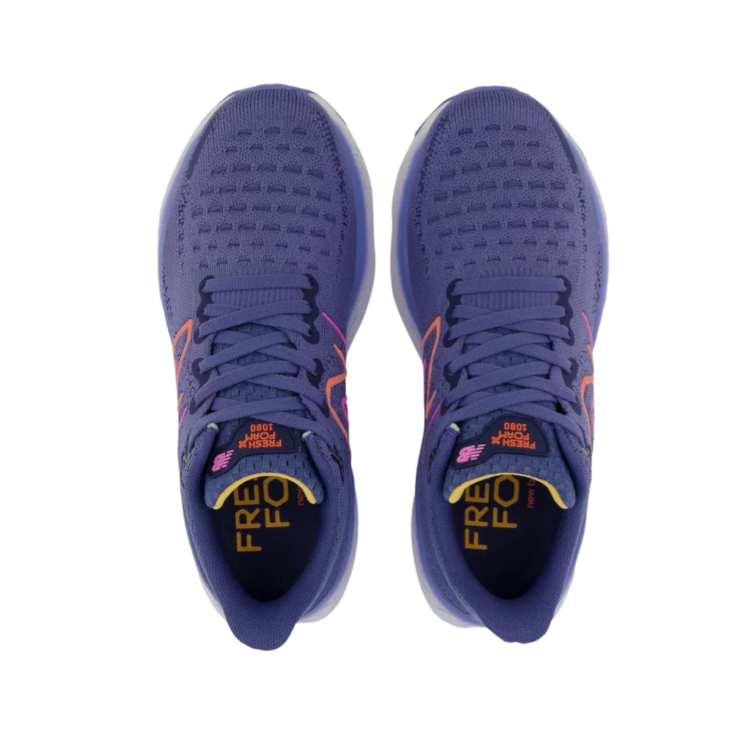 Top View of Women’s New Balance Fresh Foam X 1080v12 running shoe in night sky with vibrant orange – featuring cushioned insole for all-day comfort, breathable engineered mesh upper, and secure lace-up closure for a customized fit.