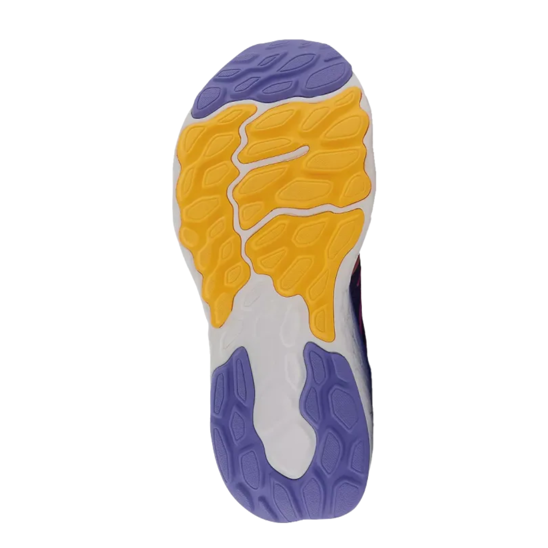 Bottom View of Women’s New Balance Fresh Foam X 1080v12 running shoe in night sky with vibrant orange – featuring durable rubber outsole with multi-directional traction, flex grooves for natural foot movement, and reinforced heel for stability.