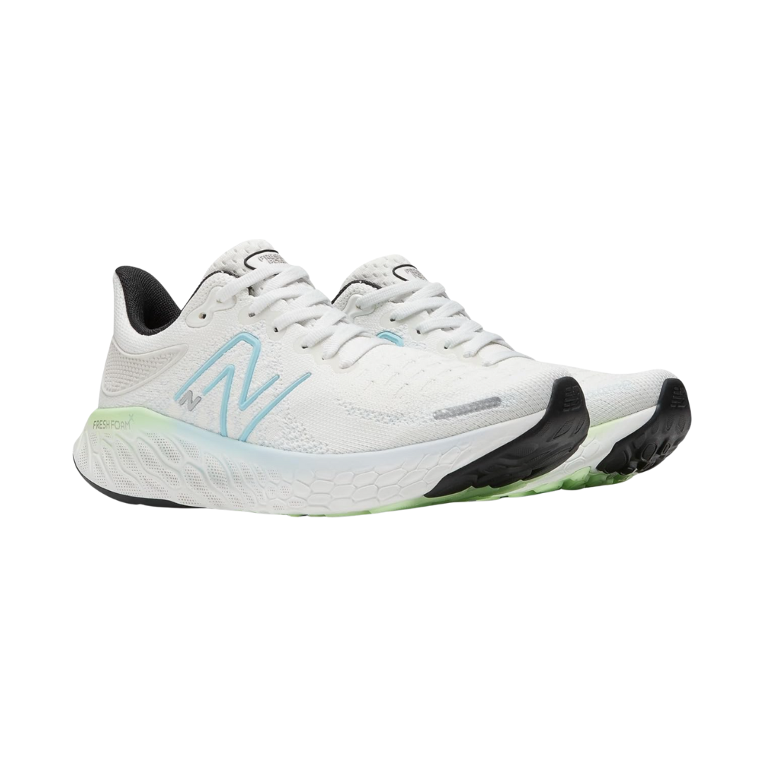 Side View of Women’s New Balance Fresh Foam X 1080v12 running shoe in white with bleach blue – featuring engineered mesh upper for breathability, Fresh Foam midsole for plush cushioning, and supportive overlays for stability.