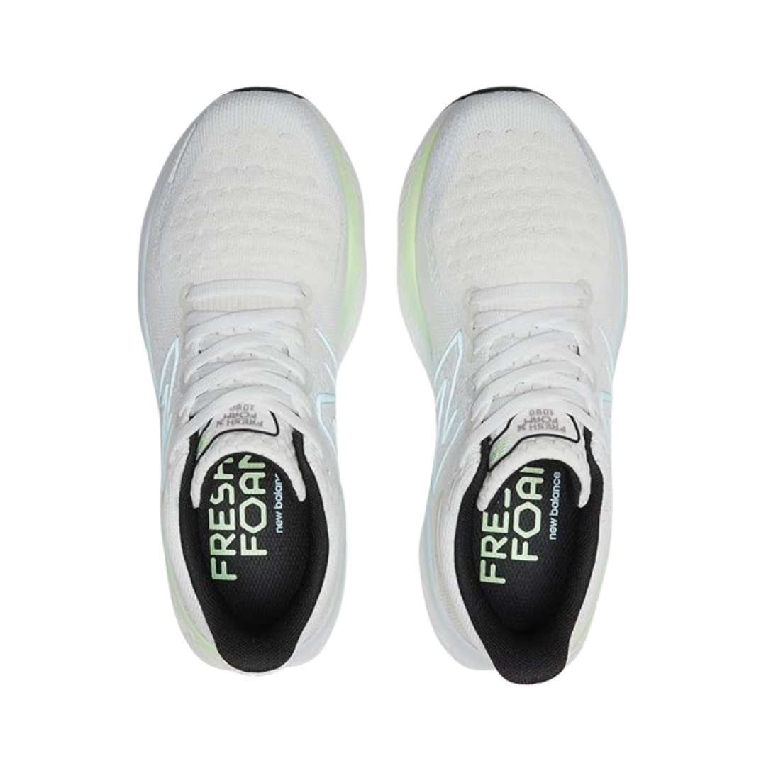 Top View of Women’s New Balance Fresh Foam X 1080v12 running shoe in white with bleach blue – featuring cushioned insole for all-day comfort, breathable engineered mesh upper, and secure lace-up closure for a customized fit.