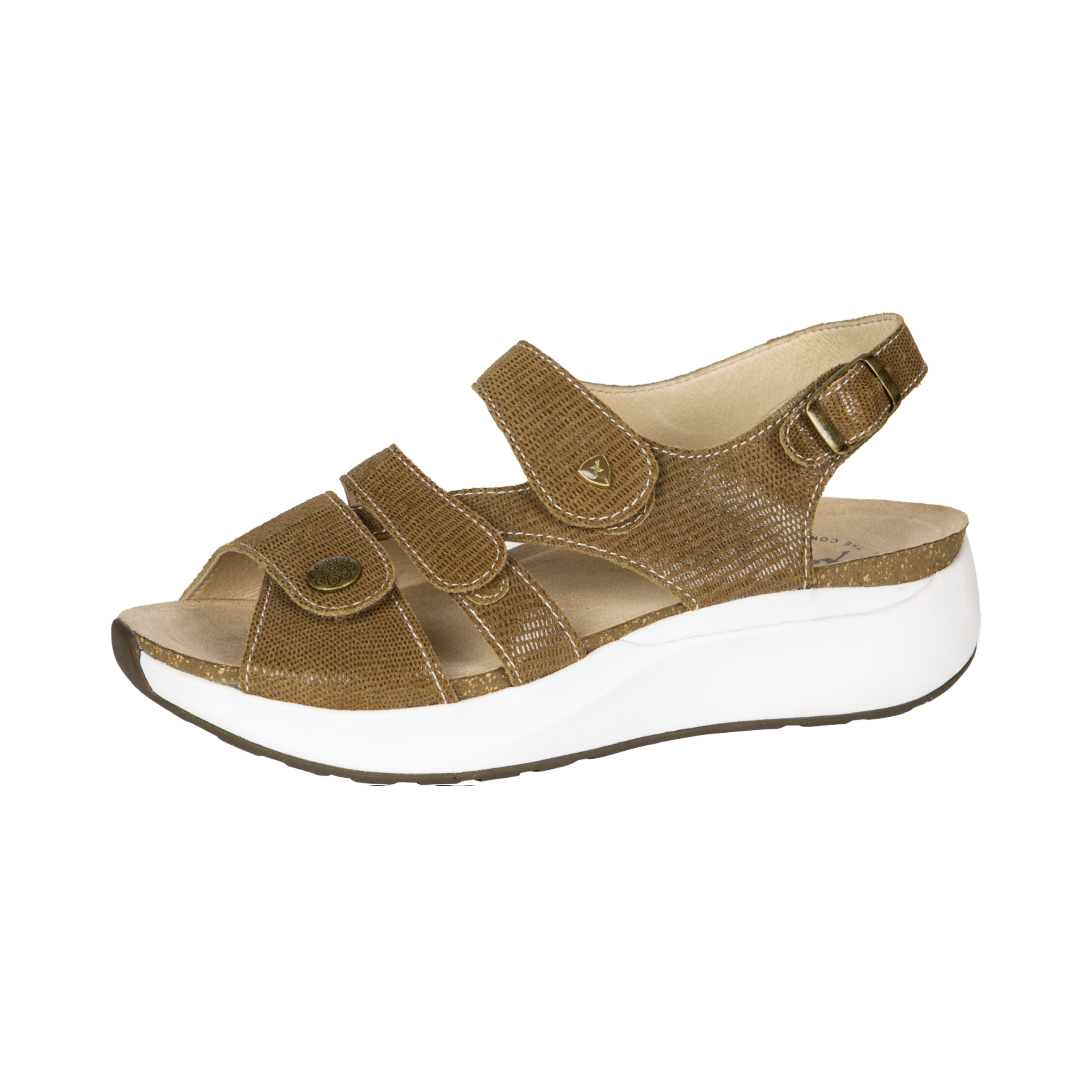 Side view of Women’s Xelero Mykonos sandal in Nutmeg – featuring a breathable leather upper, four adjustable hook-and-loop straps for a customized fit, and a slip-resistant rubber outsole designed for enhanced stability and support.