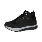 Side View of Men’s Xelero Steadfast Hiker Hi in black – featuring durable leather and mesh upper for breathability, padded collar for ankle support, cushioned midsole for comfort, and rugged outsole for enhanced traction and stability.
