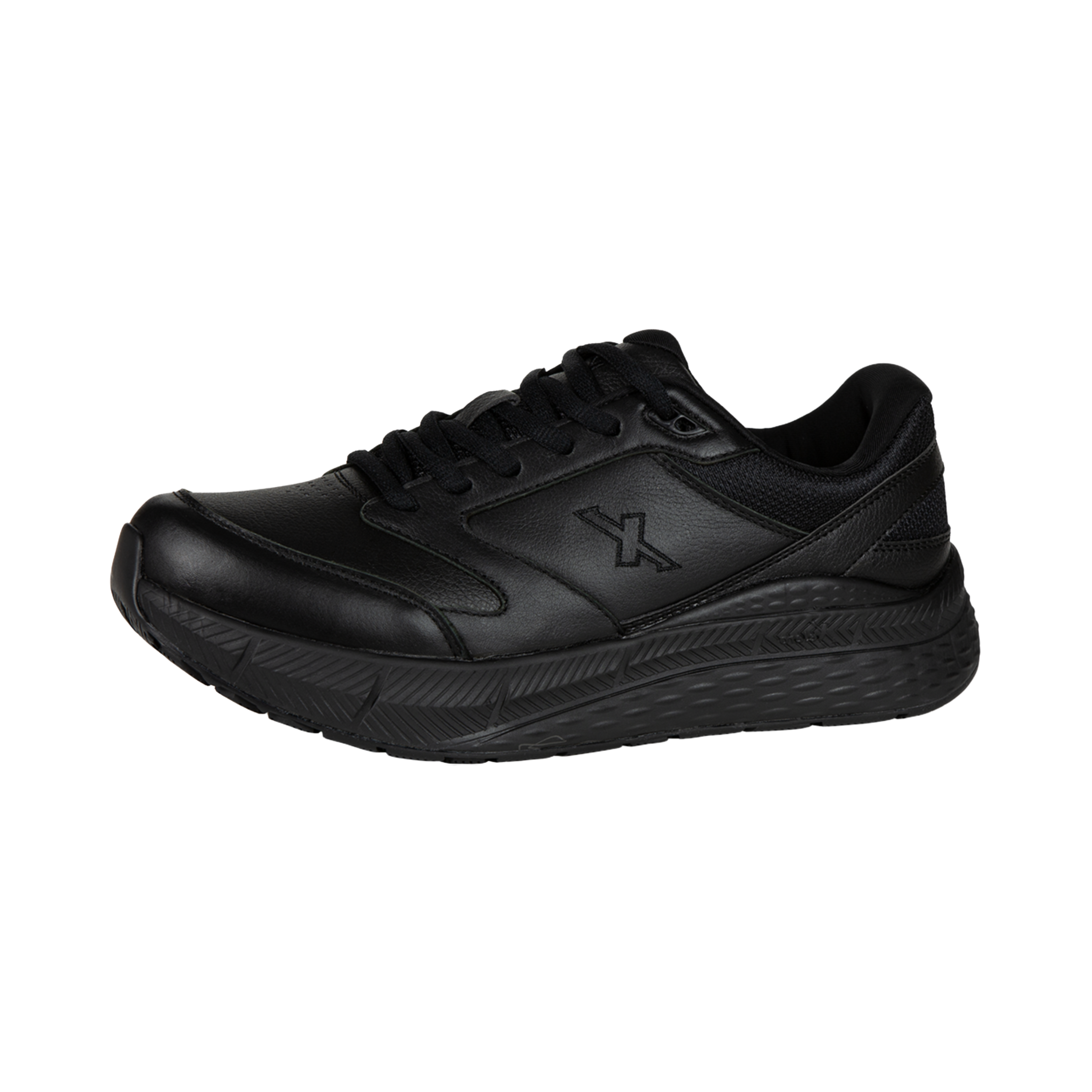 Side View of Men’s Xelero Steadfast Walker shoe in black – featuring breathable mesh and synthetic upper, cushioned midsole for comfort, and durable outsole designed for reliable traction and support.