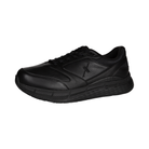 Side View of Women’s Xelero Steadfast Walker shoe in black – featuring breathable mesh and synthetic upper, cushioned midsole for comfort, and durable outsole designed for reliable traction and support.