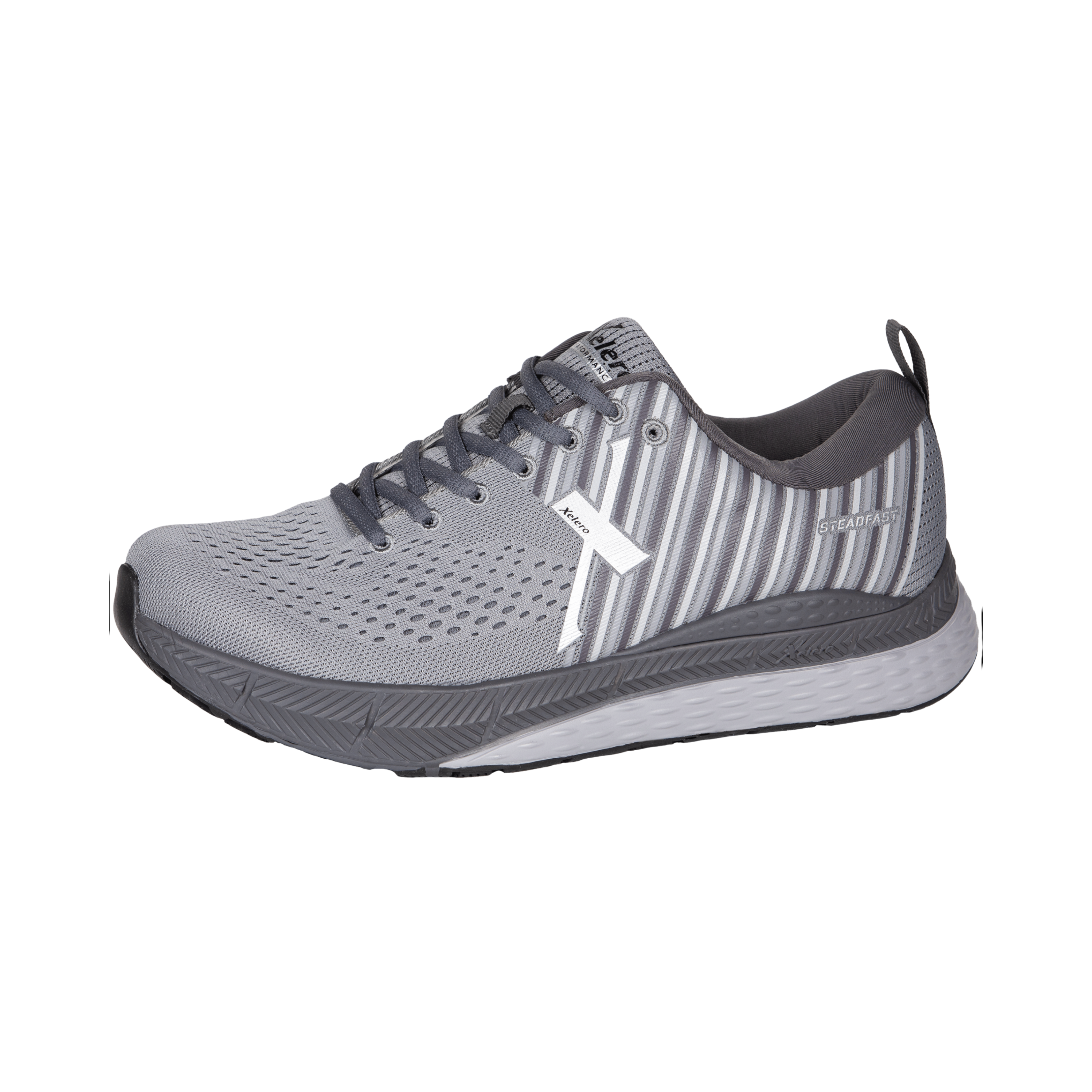Side View of Men’s Xelero Steadfast hiking shoe in carbon grey – featuring durable synthetic and mesh upper for breathability, cushioned midsole for shock absorption, and rugged outsole for excellent traction and stability.