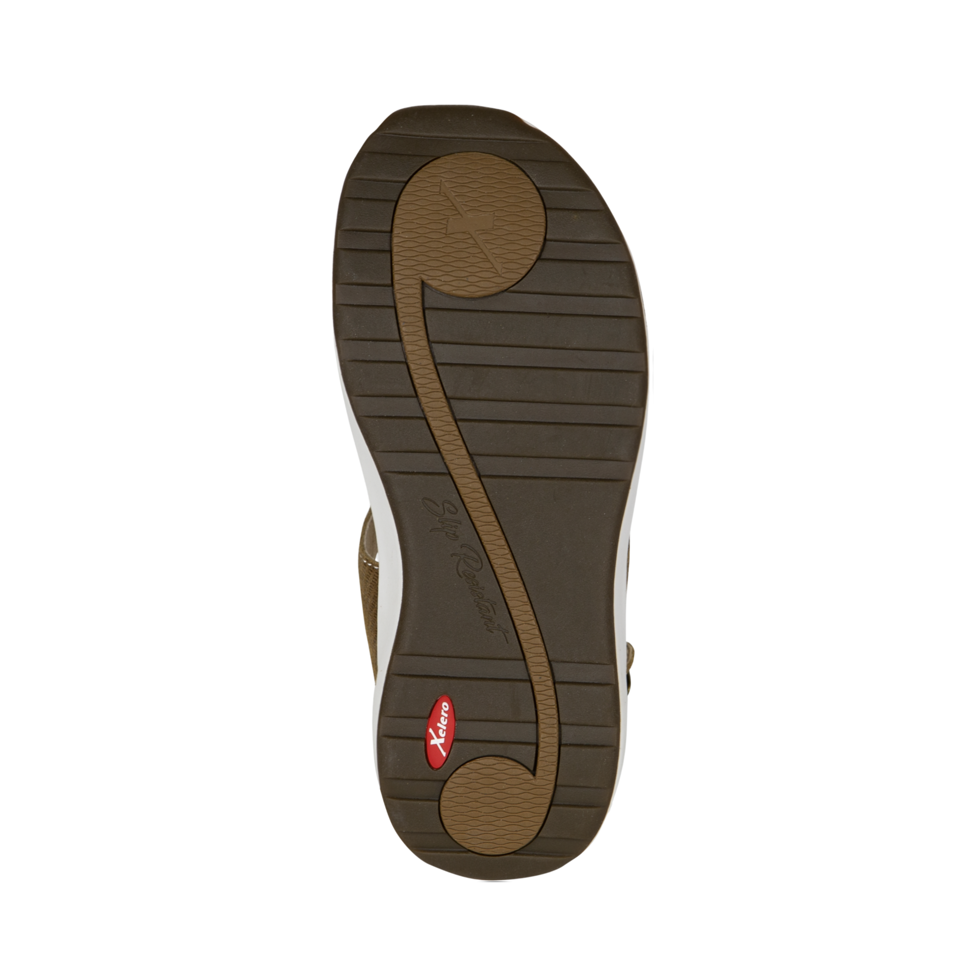 Bottom view of Women’s Xelero Mykonos sandal in Nutmeg – featuring a durable rubber outsole with strategic tread patterns for reliable traction on various surfaces.