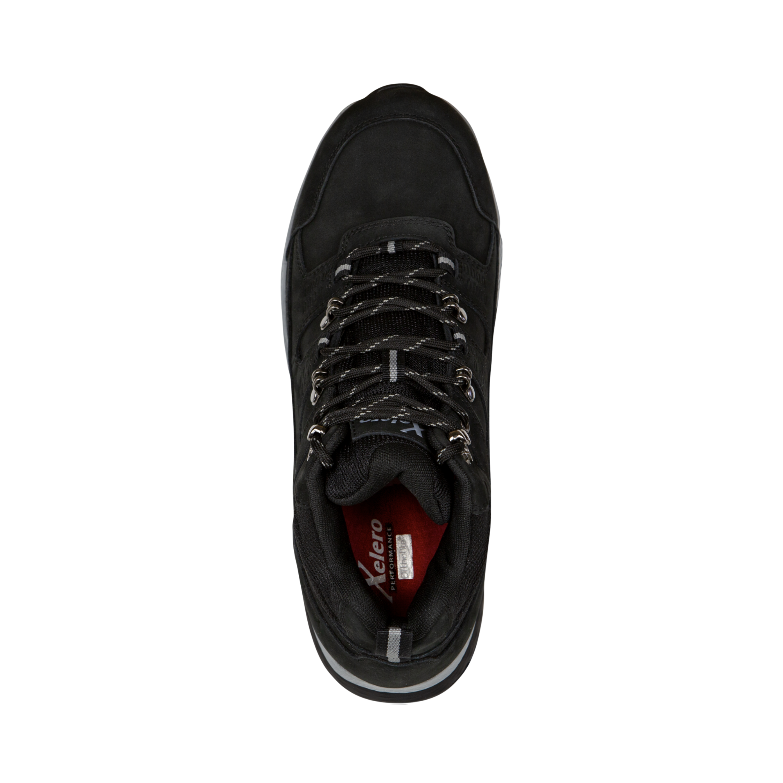 Top view of Men’s Xelero Steadfast Hiker Hi in Black – featuring a breathable mesh and synthetic upper, traditional lace-up closure with metal eyelets, and padded tongue for enhanced comfort.