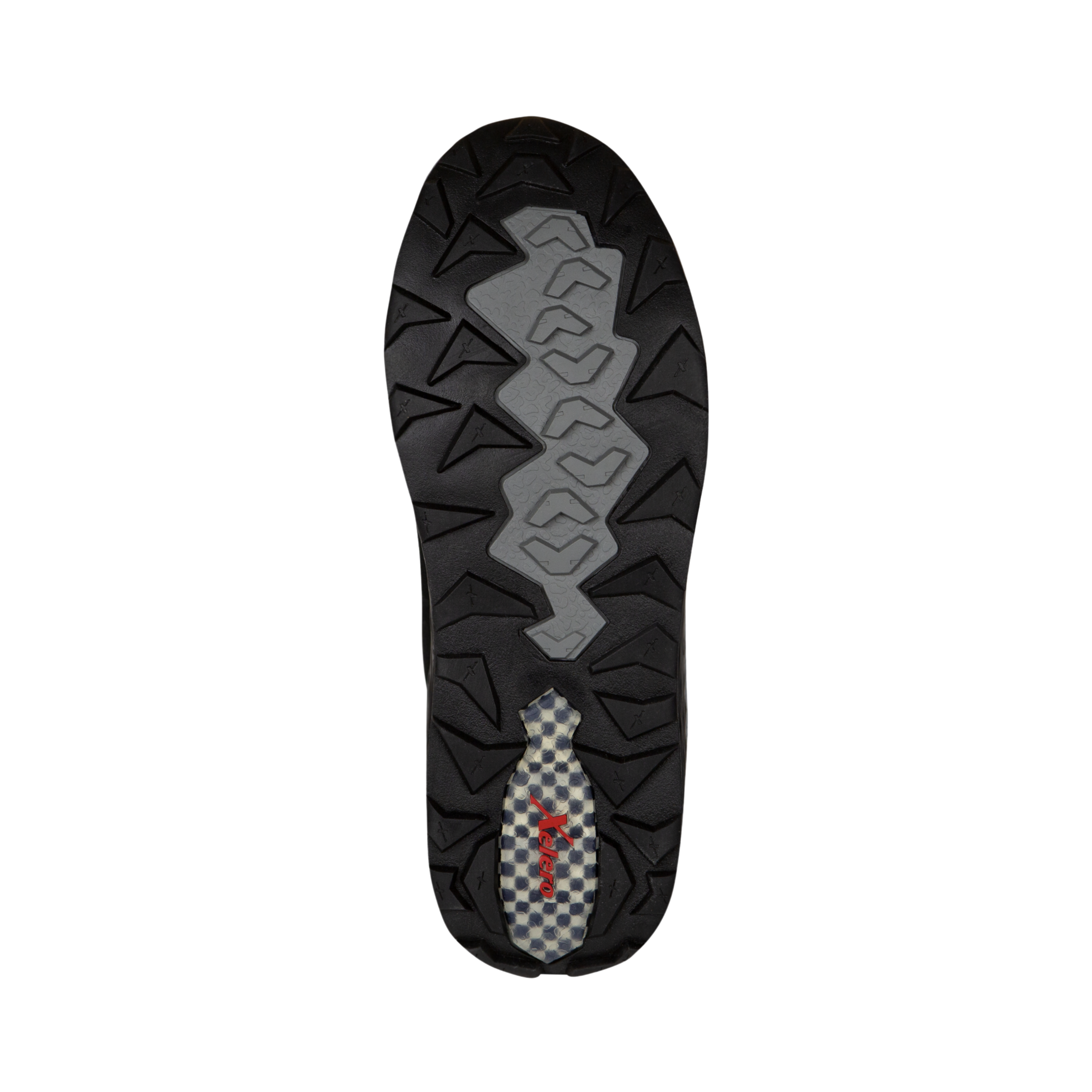 Bottom view of Men’s Xelero Steadfast Hiker Hi in Black – featuring a durable solid rubber outsole with strategic tread patterns for reliable traction on various surfaces.