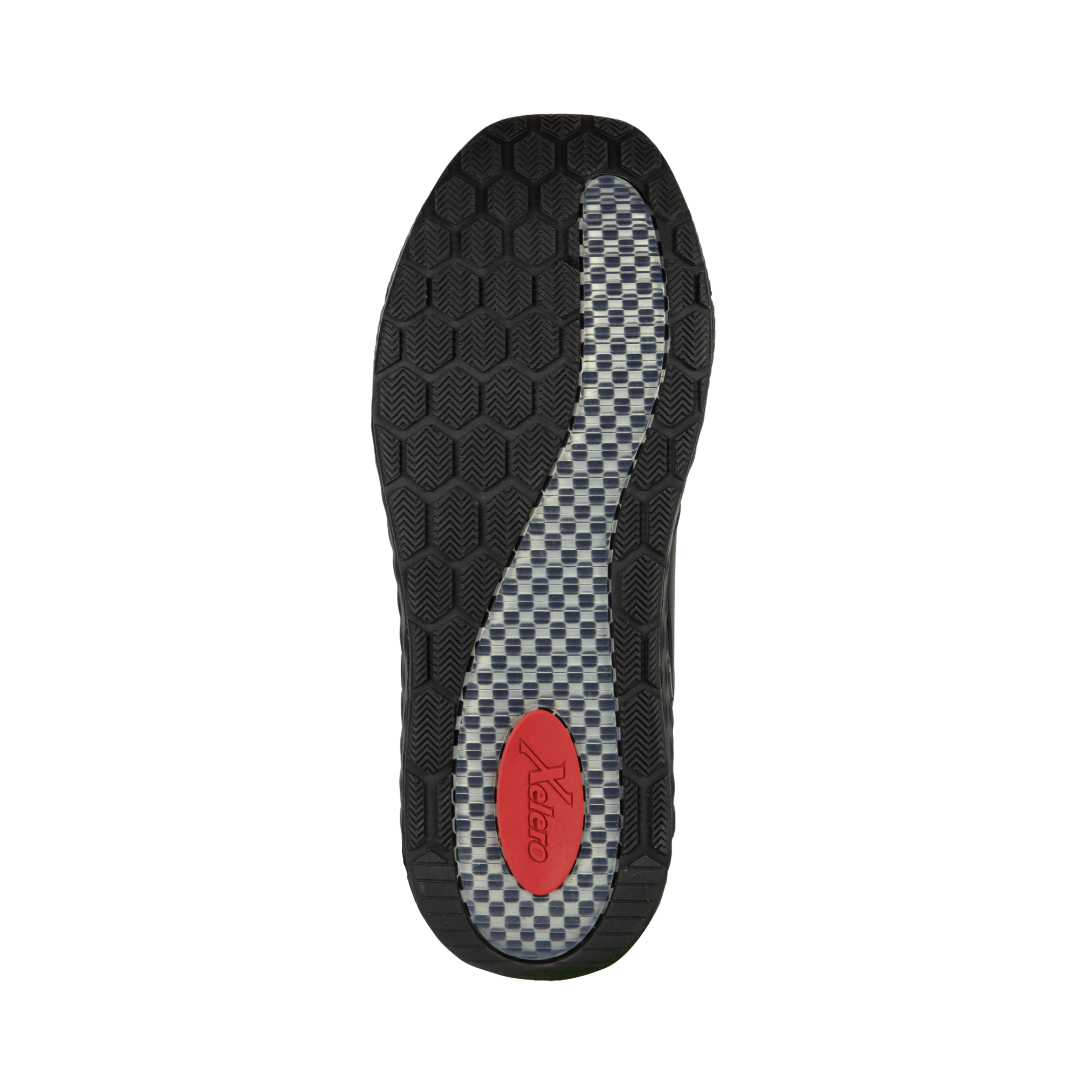 Bottom view of Men’s Xelero Steadfast Walker in Black – featuring a durable rubber outsole with strategic tread patterns for reliable traction on various surfaces.