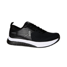 Side  view of Men’s Xelero Steadfast in Black – featuring a breathable mesh forefoot, lace-up closure, and streamlined toe box for a comfortable fit.