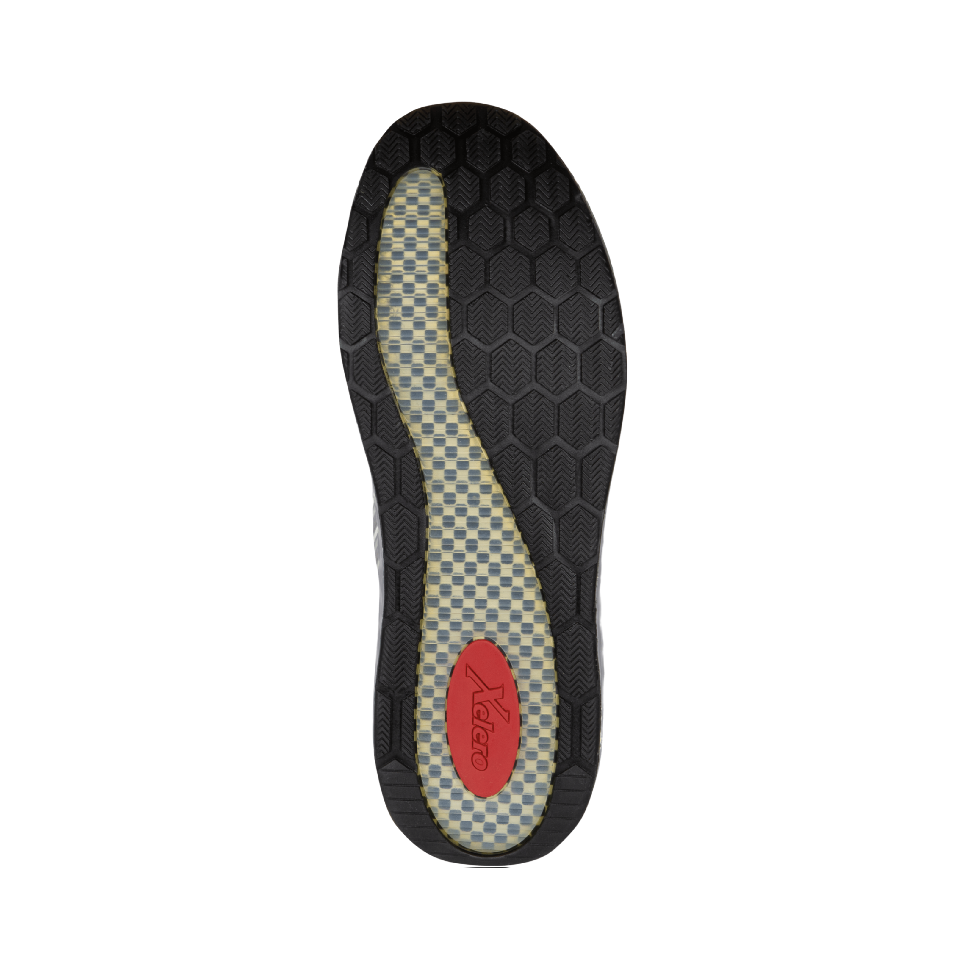 Bottom view of Men’s Xelero Steadfast II in Carbon Grey – featuring a durable rubber outsole with strategic tread patterns for reliable traction on various surfaces.