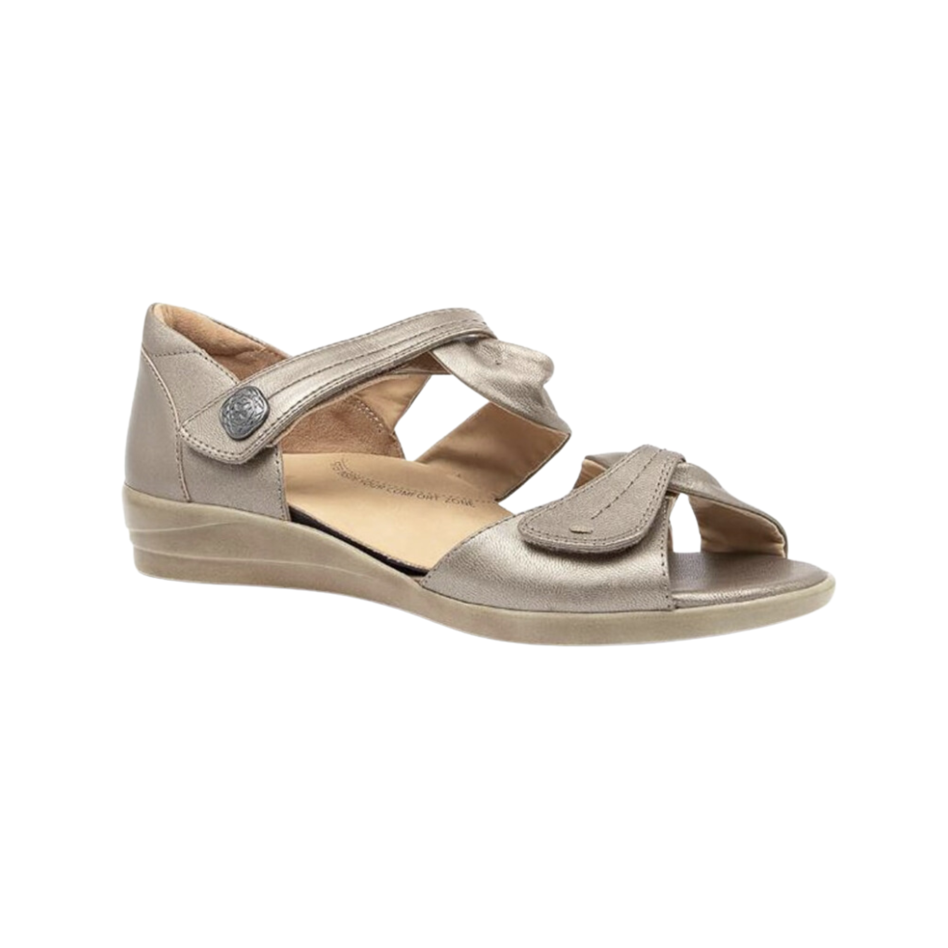 Angled view of Women’s Ziera Doxie 2-strap sandal in greige — featuring two adjustable straps made with soft yet durable materials, a plush cushioned footbed to cradle the foot, a flexible outsole for smooth movement, and elegant design suited for casual or dressy occasions.