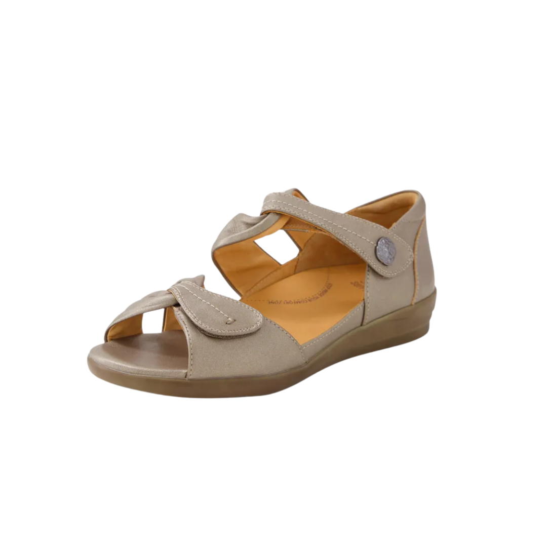 Side view of Women’s Ziera Doxie comfort sandal in greige – featuring layered leather straps, low-profile wedge sole, and breathable open construction.