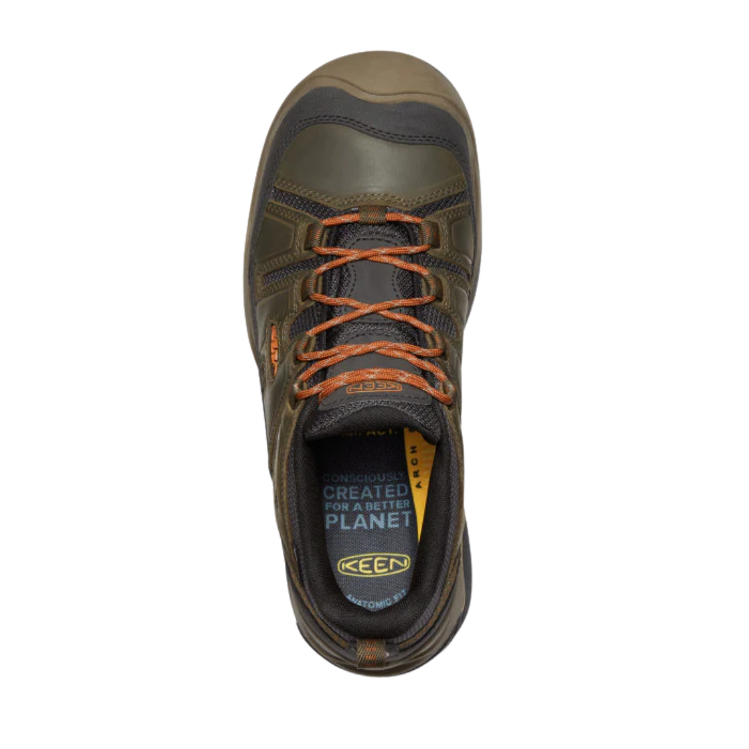 Top view of Men’s Circadia Waterproof in Black Olive/Clay – displaying reinforced lace loops, mesh ventilation zones, and a contoured fit in a rugged black olive and clay colorway built for wet and dry hiking conditions.