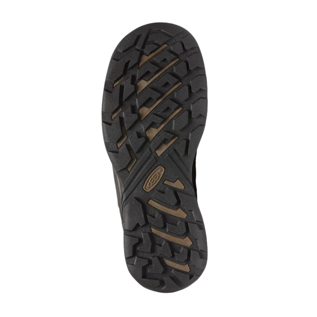 Bottom view of Men’s Circadia Waterproof in Black Olive/Clay – featuring a high-traction rubber outsole with multi-directional lugs for grip and stability on uneven or slippery terrain.