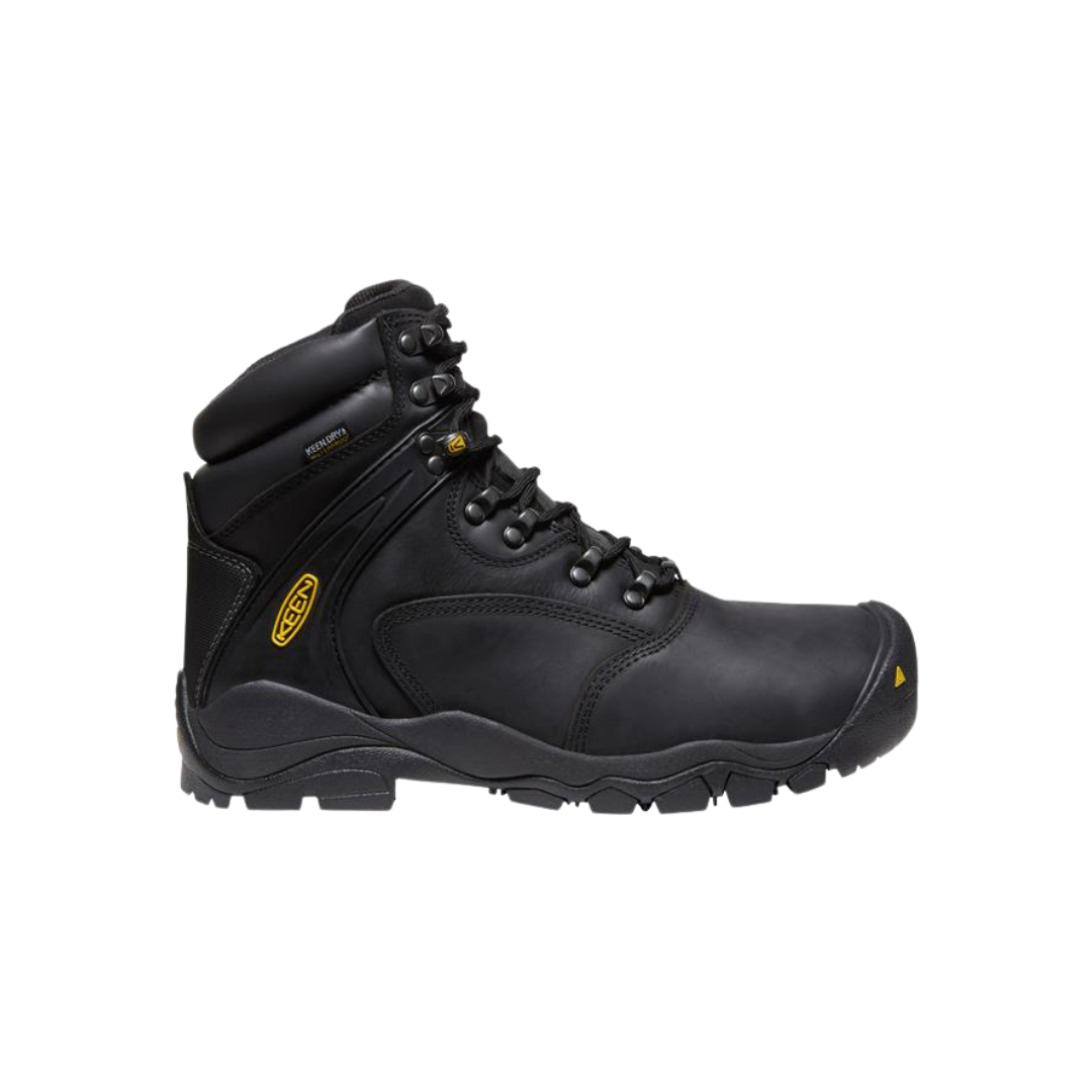 Side view of Men’s Louisville 6-inch Waterproof (Steel Toe) boot in dark brown and black – featuring a waterproof leather upper for protection in wet conditions, left and right asymmetrical steel toes for impact resistance, and 6-inch shaft for ankle support and stability.
