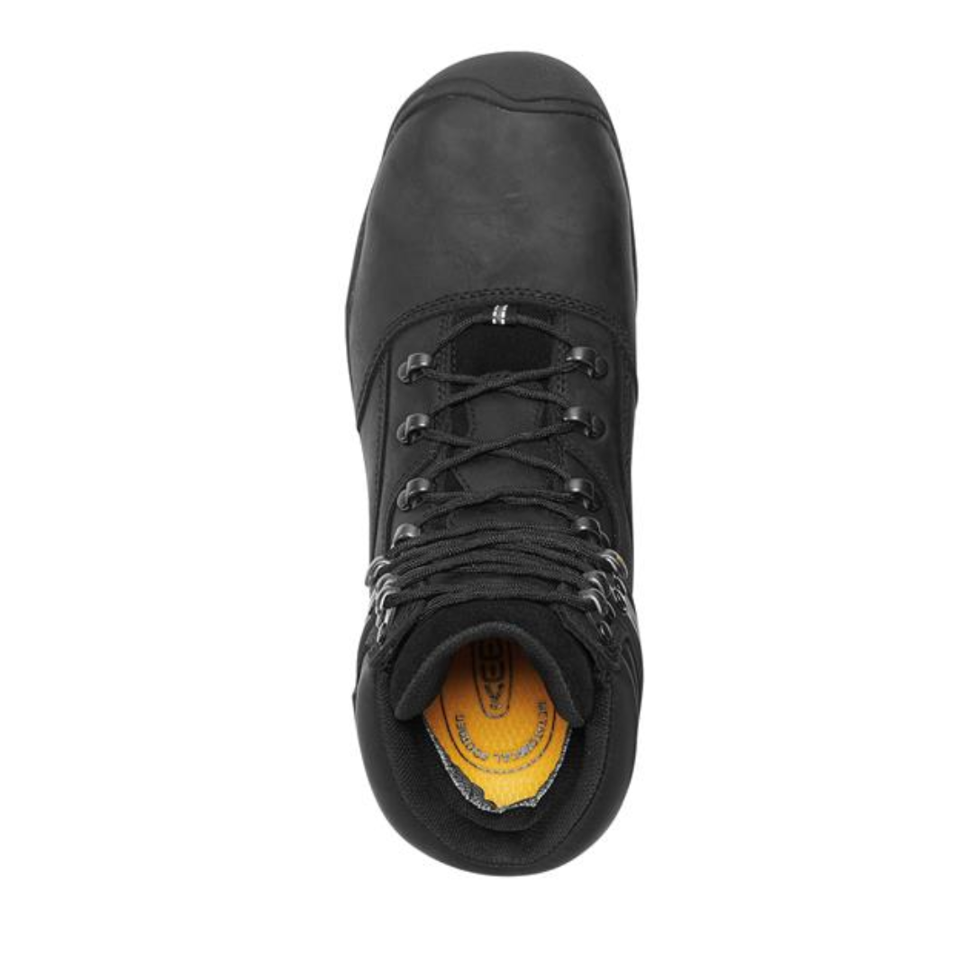 Top view of Men’s Louisville 6-inch Waterproof (Steel Toe) boot in dark brown and black – featuring a padded collar and tongue for ankle comfort, moisture-wicking lining for dryness, and wide toe box for all-day wear with room for foot movement