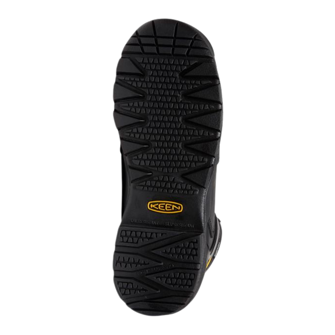 Bottom view of Men’s Louisville 6-inch Waterproof (Steel Toe) boot in dark brown and black – featuring an oil- and slip-resistant rubber outsole, aggressive lug pattern for superior jobsite traction, and ladder-lock heel for added grip on rungs and uneven surfaces.