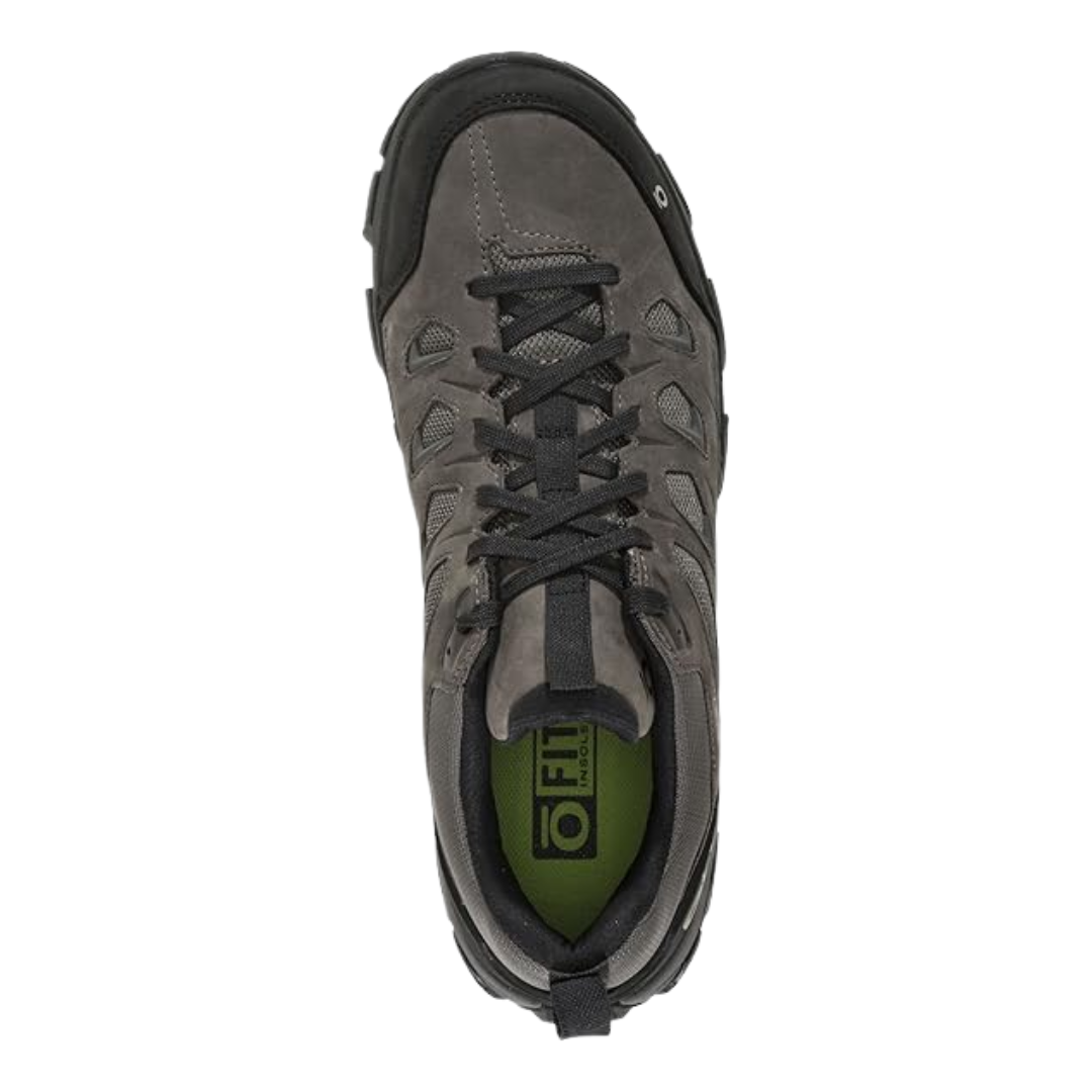 Top view of Men's Sawtooth X Low B-Dry hiking shoe in Charcoal – featuring a padded tongue and collar, moisture-wicking lining, and adjustable lacing system for a secure, personalized fit.