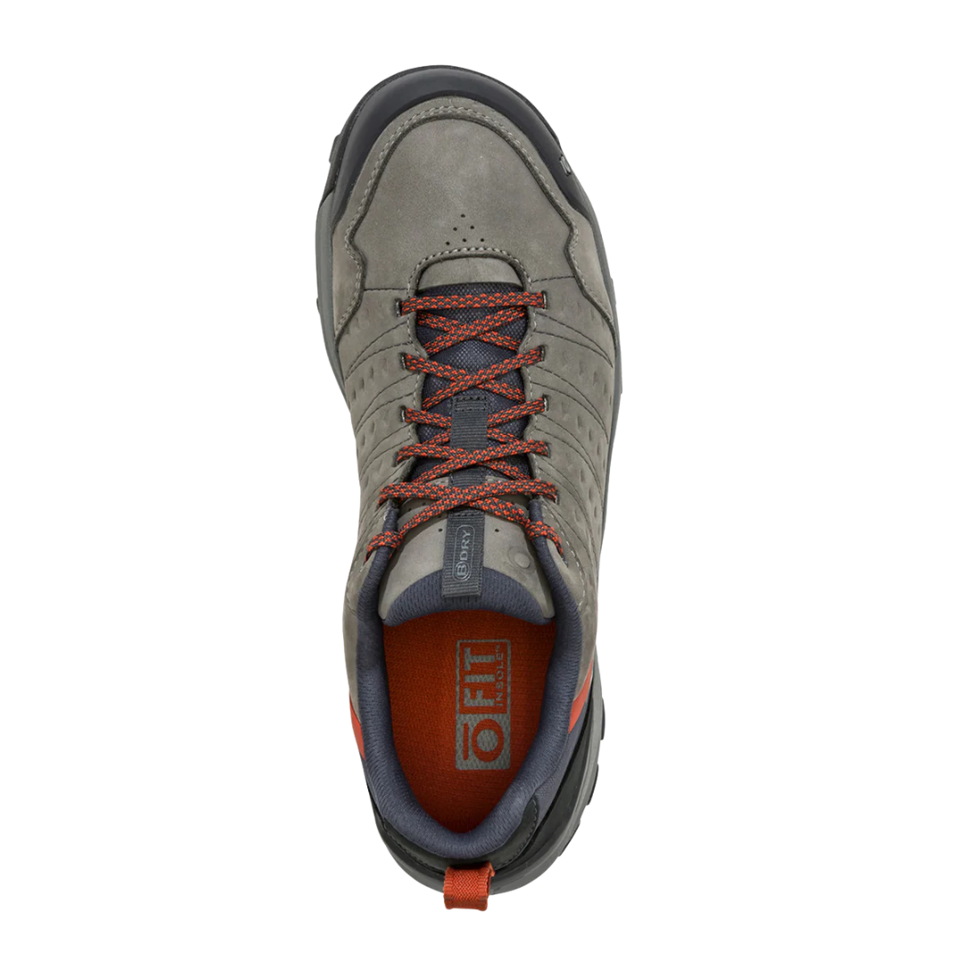 Top view of Men's Sypes Low B-Dry hiking shoe in Steel – featuring padded collar and tongue, breathable moisture-wicking lining, and adjustable lacing system for a secure, customized fit.