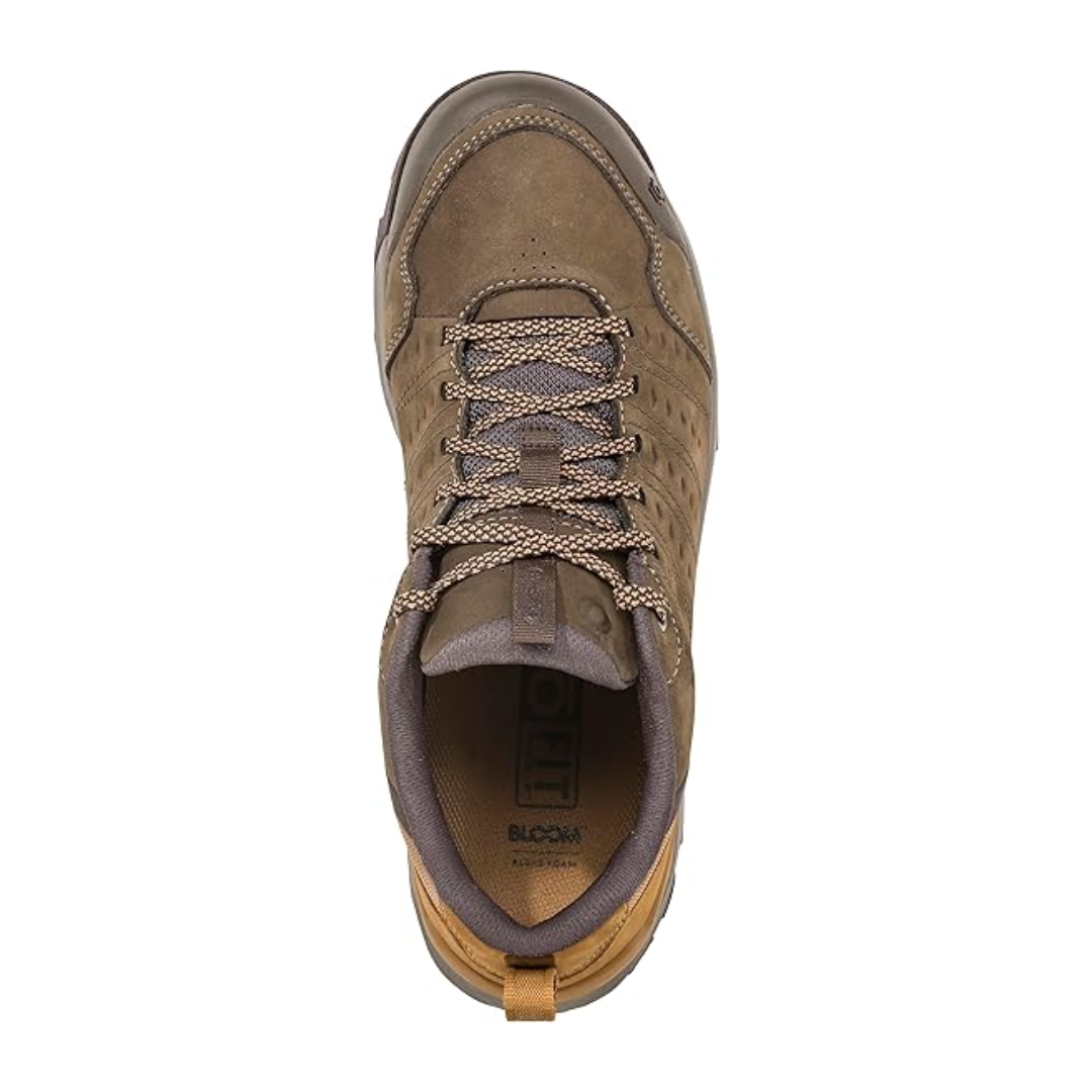 Top view of Men's Oboz Sypes Low WP hiking shoe in Wood – featuring a cushioned tongue and collar, moisture-wicking interior lining, and adjustable lace-up system ensuring customized fit and comfort.