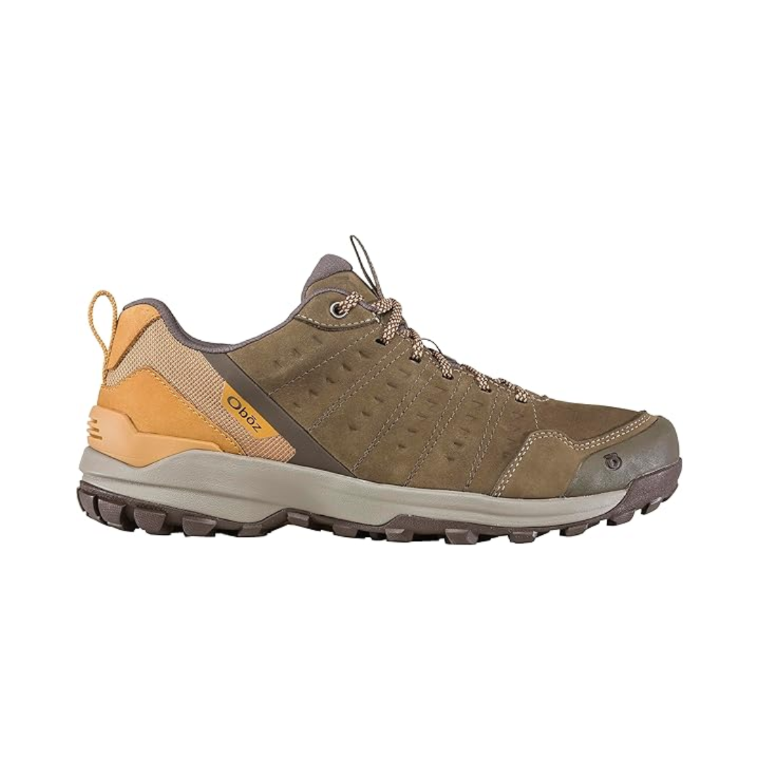 Side view of Men's Oboz Sypes Low WP hiking shoe in Wood – featuring waterproof nubuck leather and abrasion-resistant textile upper, cushioned midsole for comfort, and a versatile outsole designed for durable trail performance.