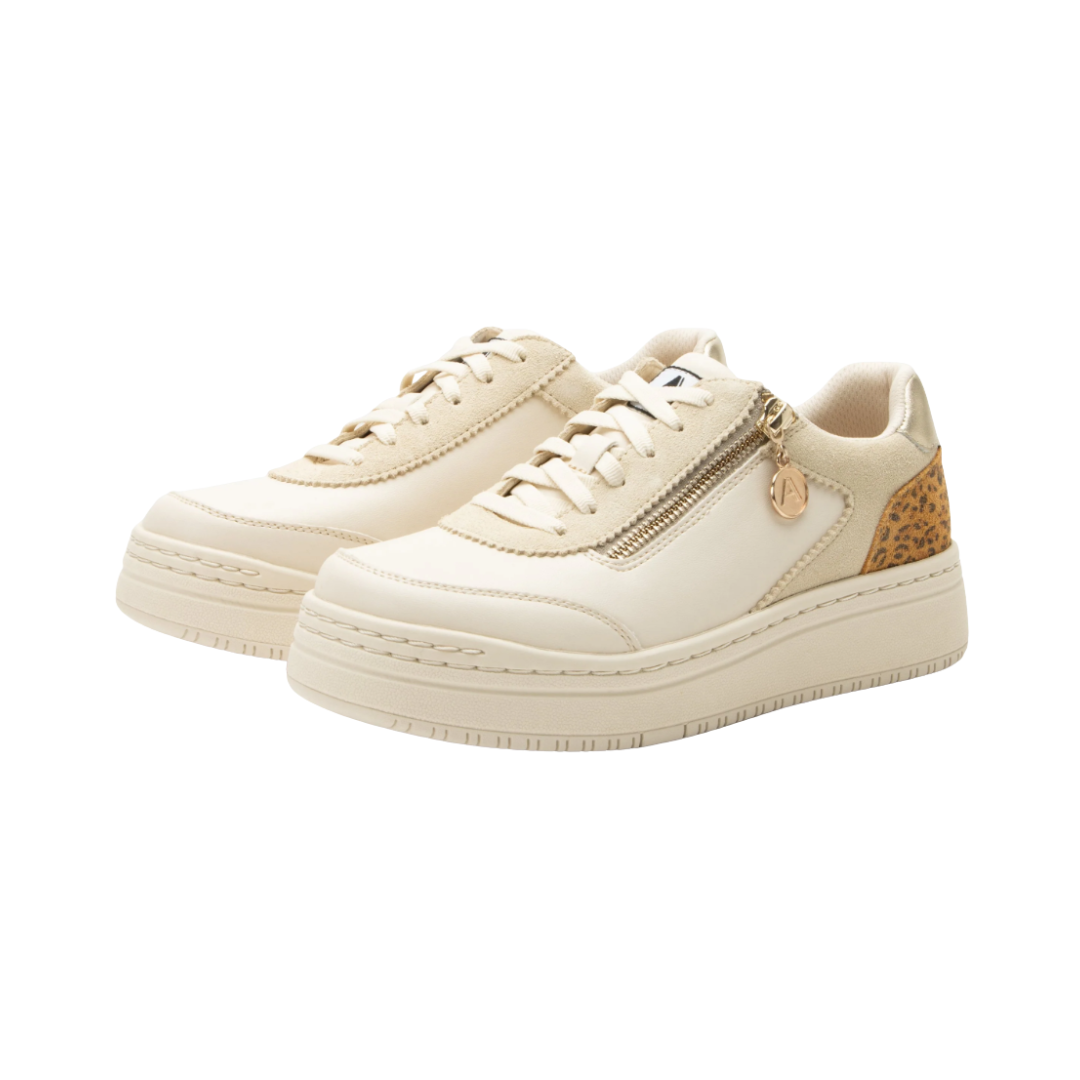 Side View of Women’s Alegria Averie sneaker in cream – featuring a cushioned removable footbed, lace-up design, and slip-resistant outsole for everyday wear.