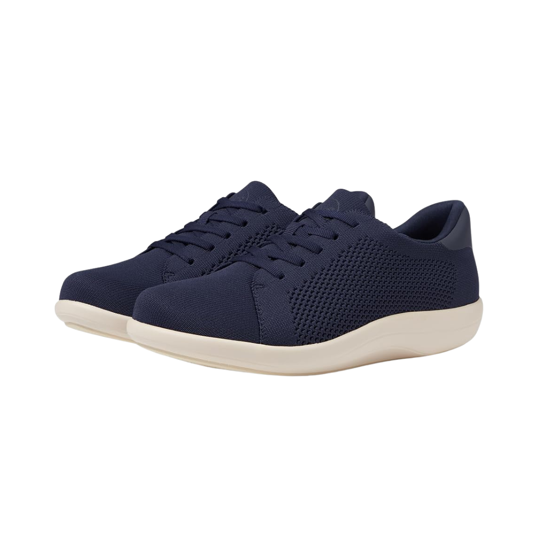 Side View of Women’s Alegria Dandie sneaker in navy – featuring a cushioned removable footbed, lace-up design, and slip-resistant outsole for everyday wear.