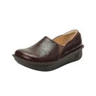 Side View of Women’s Alegria Debra shoe in Flutter Chocolate brown – featuring a cushioned removable footbed, slip-on design, and slip-resistant outsole for professional comfort.