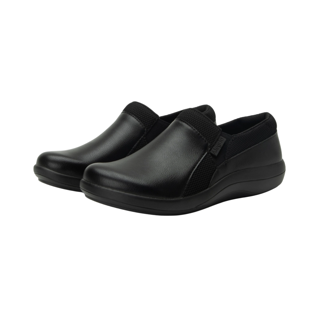 Side View of Women’s Alegria Duette shoe in jet black – featuring a cushioned removable footbed, slip-on design, and slip-resistant outsole for everyday comfort.