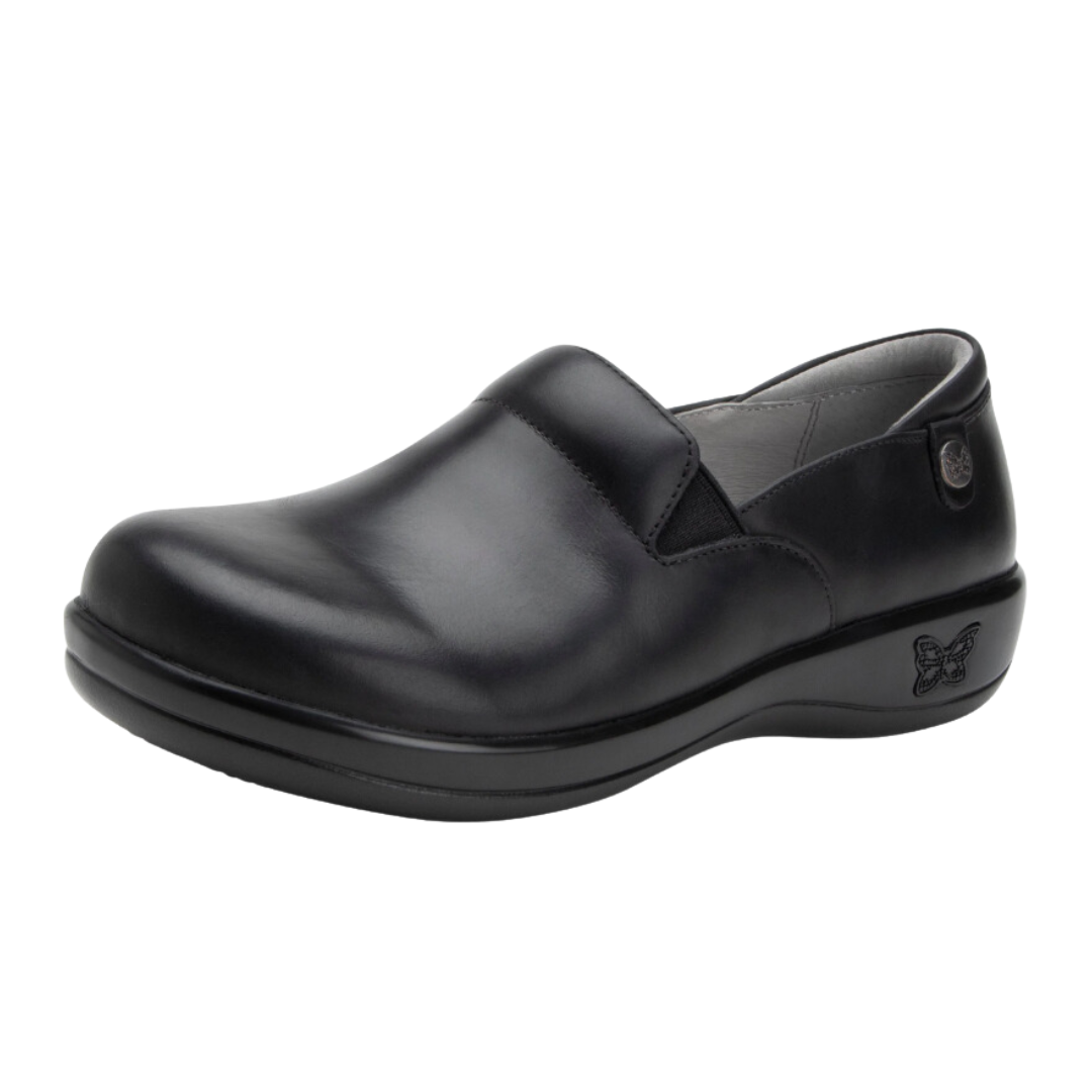 Side View of Women’s Alegria Keli shoe in oiled black – featuring a cushioned removable footbed, slip-on design, and slip-resistant outsole for professional comfort.