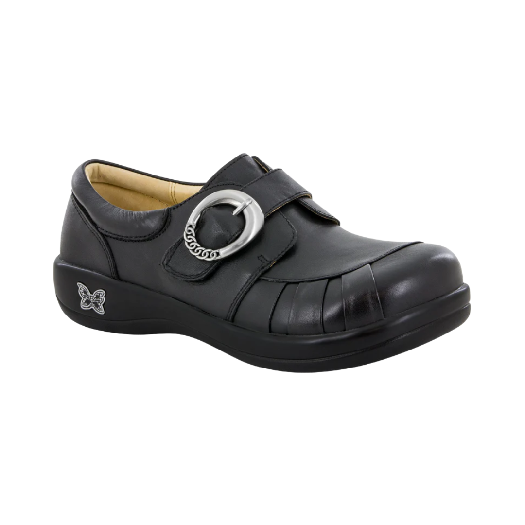 Side View of Women’s Alegria Khloe shoe in black nappa – featuring a cushioned removable footbed, adjustable hook-and-loop strap, and slip-resistant outsole for professional comfort.