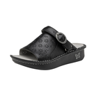 Side View of Women’s Alegria Klover shoe in black butter – featuring a cushioned cork and memory foam footbed, adjustable hook-and-loop strap, and slip-resistant outsole for all-day comfort.