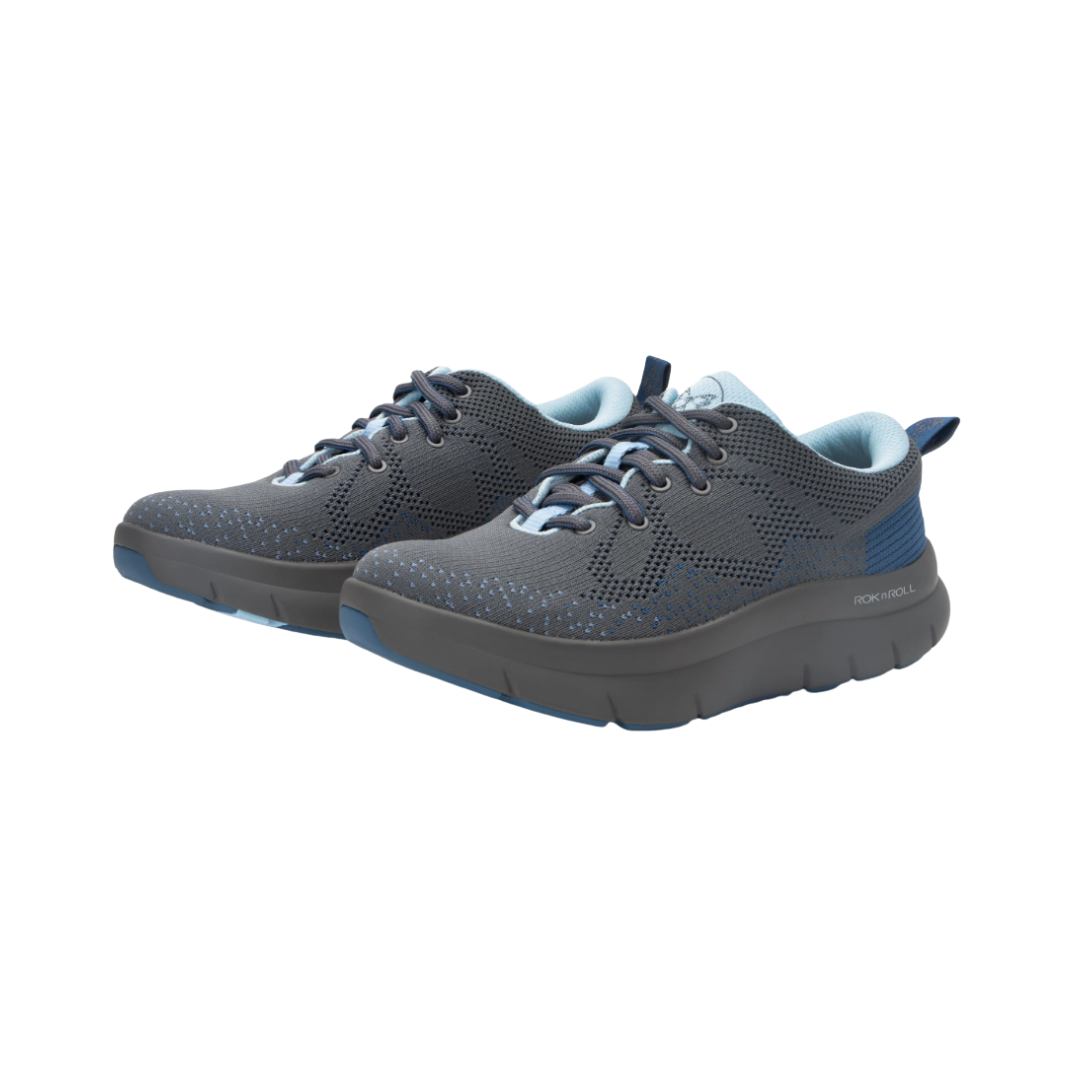 Side View of Women’s Alegria Roll On sneaker in blue whisper – featuring a cushioned removable footbed, slip-on design, and slip-resistant outsole for all-day wear.