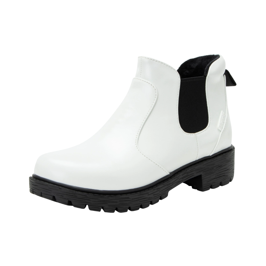 Side View of Women’s Alegria Rowan boot in white – featuring a cushioned removable footbed, side zipper closure, and slip-resistant outsole for all-day stability.