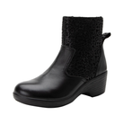 Side View of Women’s Alegria Scarlett boot in black – featuring a cushioned footbed, side zipper closure, and slip-resistant outsole for all-day wear.