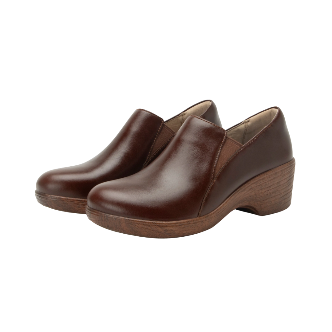 Side View of Women’s Alegria Skylar sandal in mahogany – featuring a cork footbed, adjustable 2-strap design, and soft footbed for extra comfort.