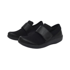 Side View of Women’s Alegria TRAQ Qwik Cozy sneaker in black – featuring a cushioned removable footbed, slip-on design with breathable knit upper, and slip-resistant outsole for stability.